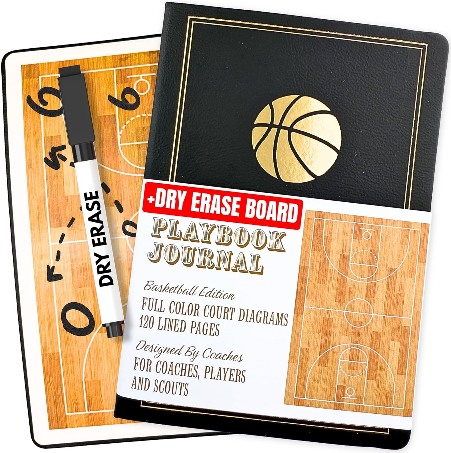 Basketball Coaching Board & Playbook Planner with Full-Court Dry Erase, Book designed for Coaches gift, or Player Scorebook for Drills, Stats & Games, Coach Gifts for Basketball Equipment - Marker Included