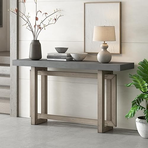Mesa consola contemporánea con parte superior de madera de hormigón de inspiración industrial, patas de madera, mesa de entrada extra larga para