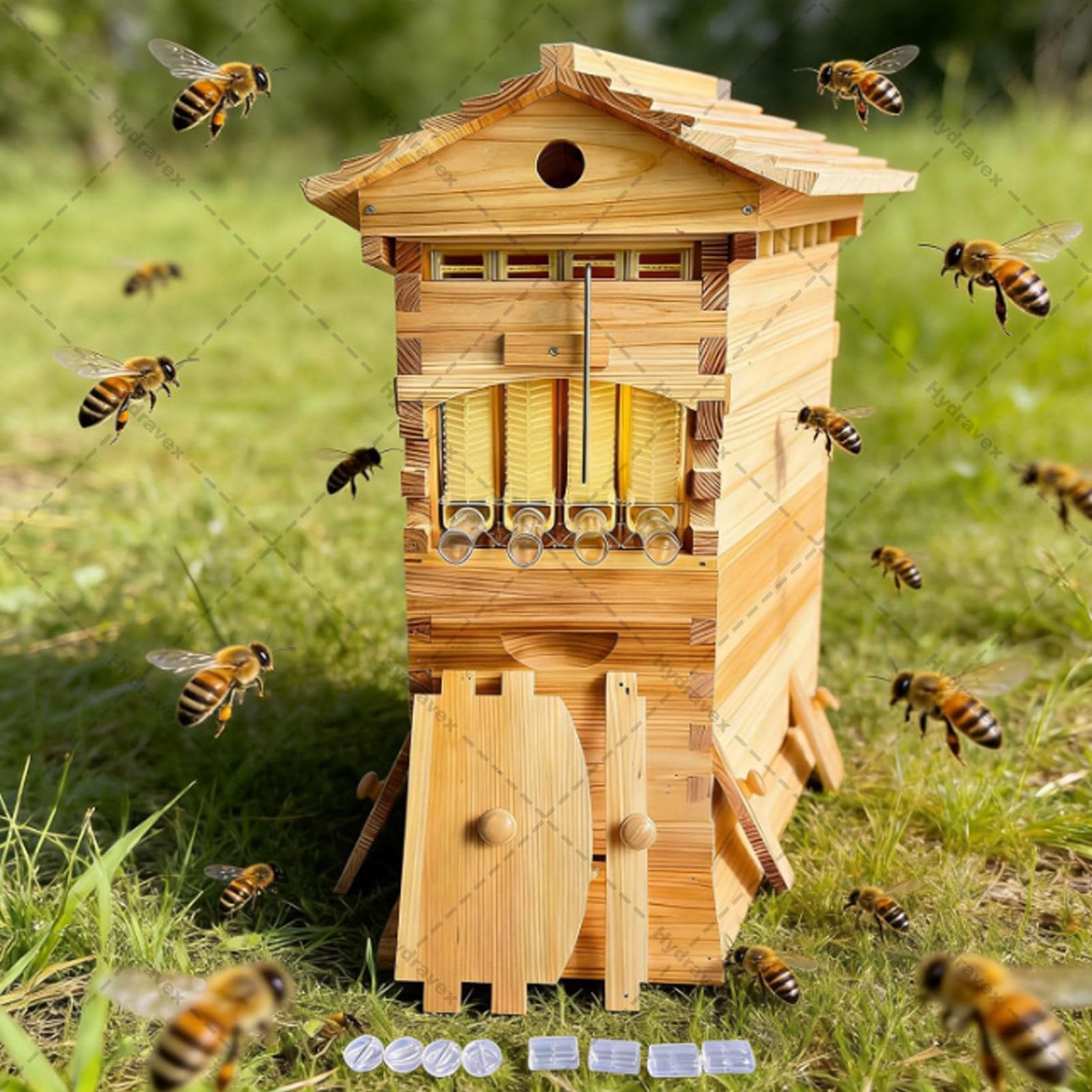 Bienenstock-Starterset, selbstfließender Honigstock mit 4 Rahmen, hölzerner Flow Hive Bienenstock, Komplettset für die Imkerei, klein, für die Imkerei, Gartenbestäuber