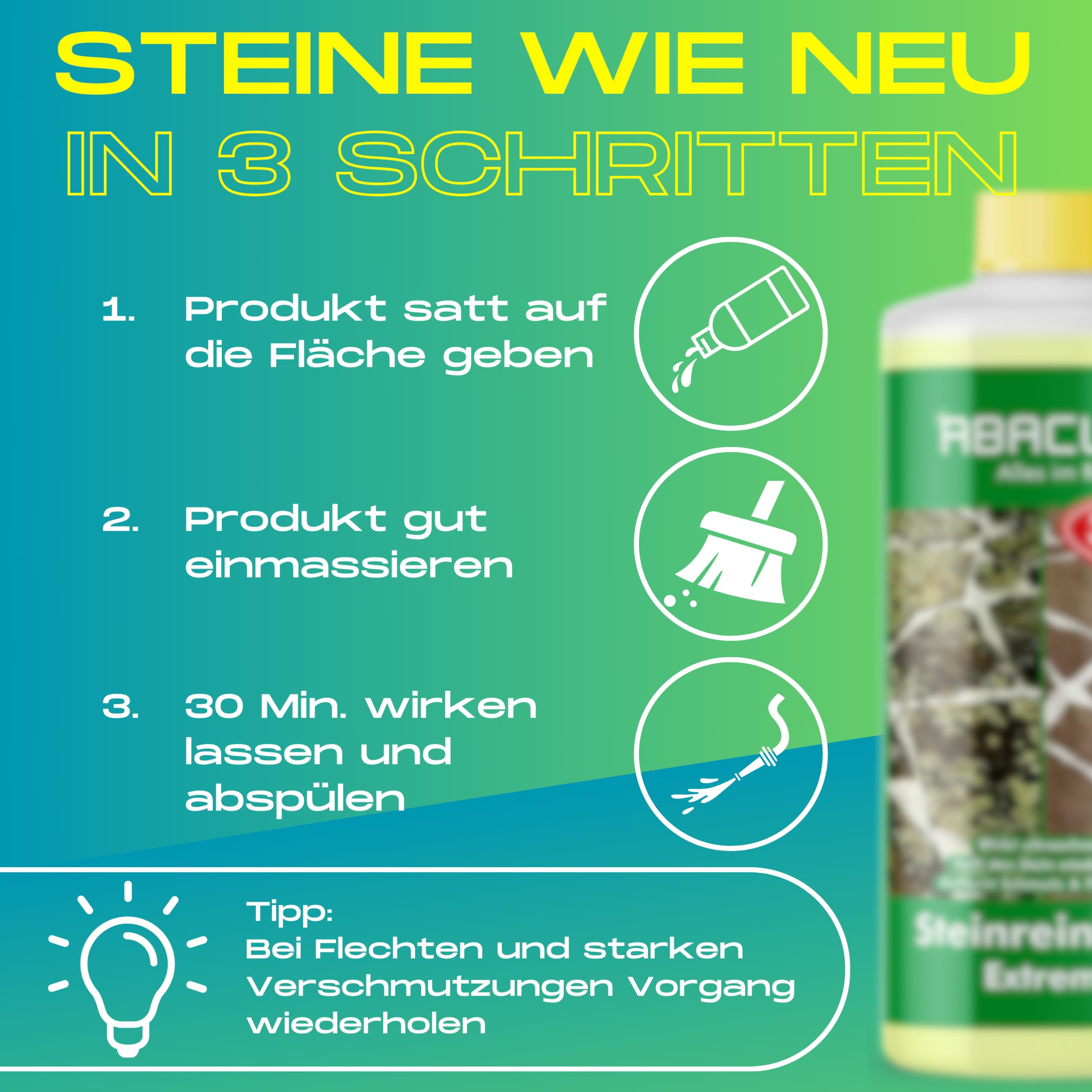 ABACUS® Steinreiniger Extrem, intensiver Steinreiniger für außen mit Sofortwirkung, entfernt sofort Schmutz, Grünbelag, Flechten & Algen auf Steinen in Minuten, Steinreiniger Intensiv außen 12x 1000ml