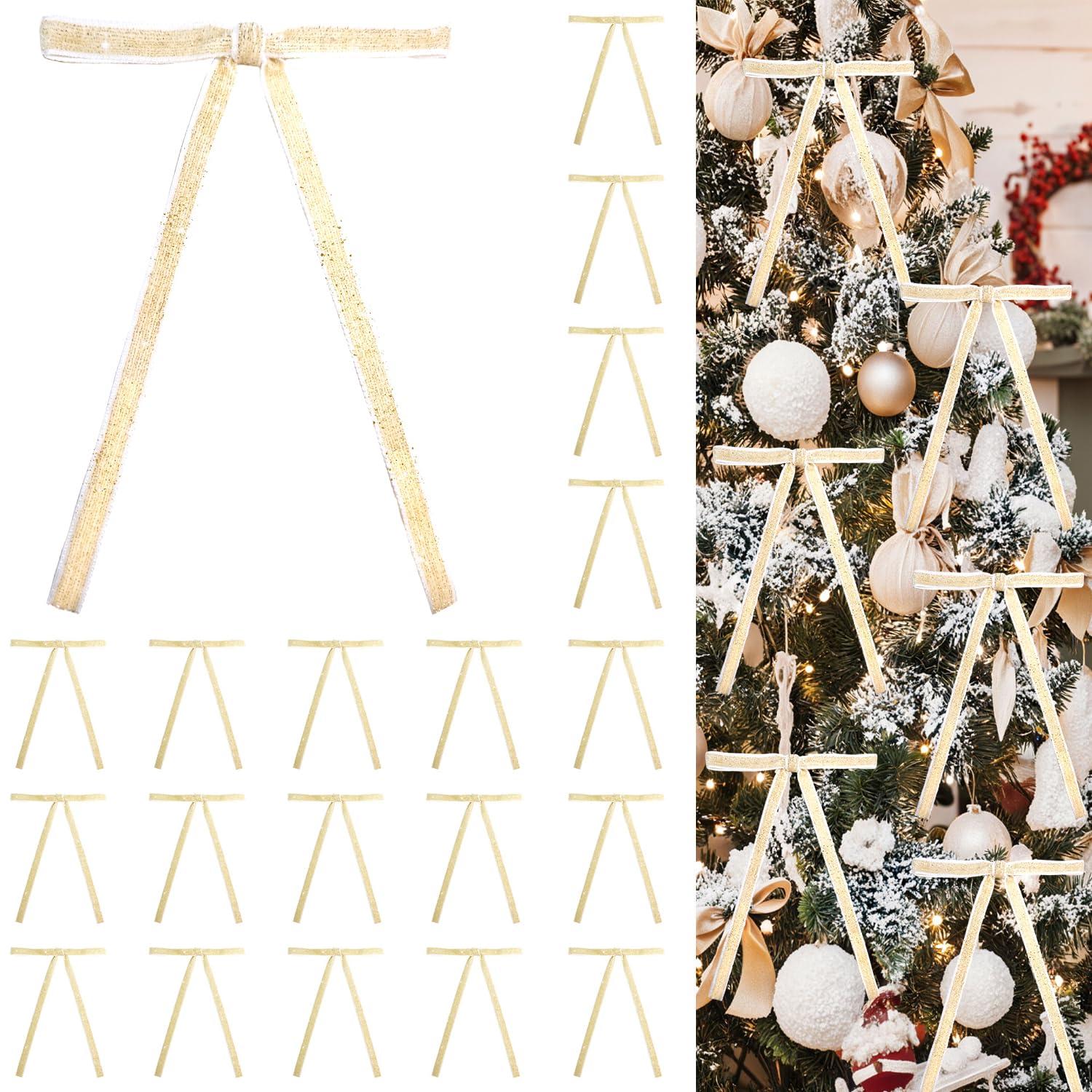 24 PCS Velvet Bows Christmas Ornaments Decorations, Sparkly Glittery Champagne Velvet Bows Ornaments for Christmas Tree, Unique Vintage Xmas Home Holiday Decor for Tree Mantle Wreath Gift Wrap