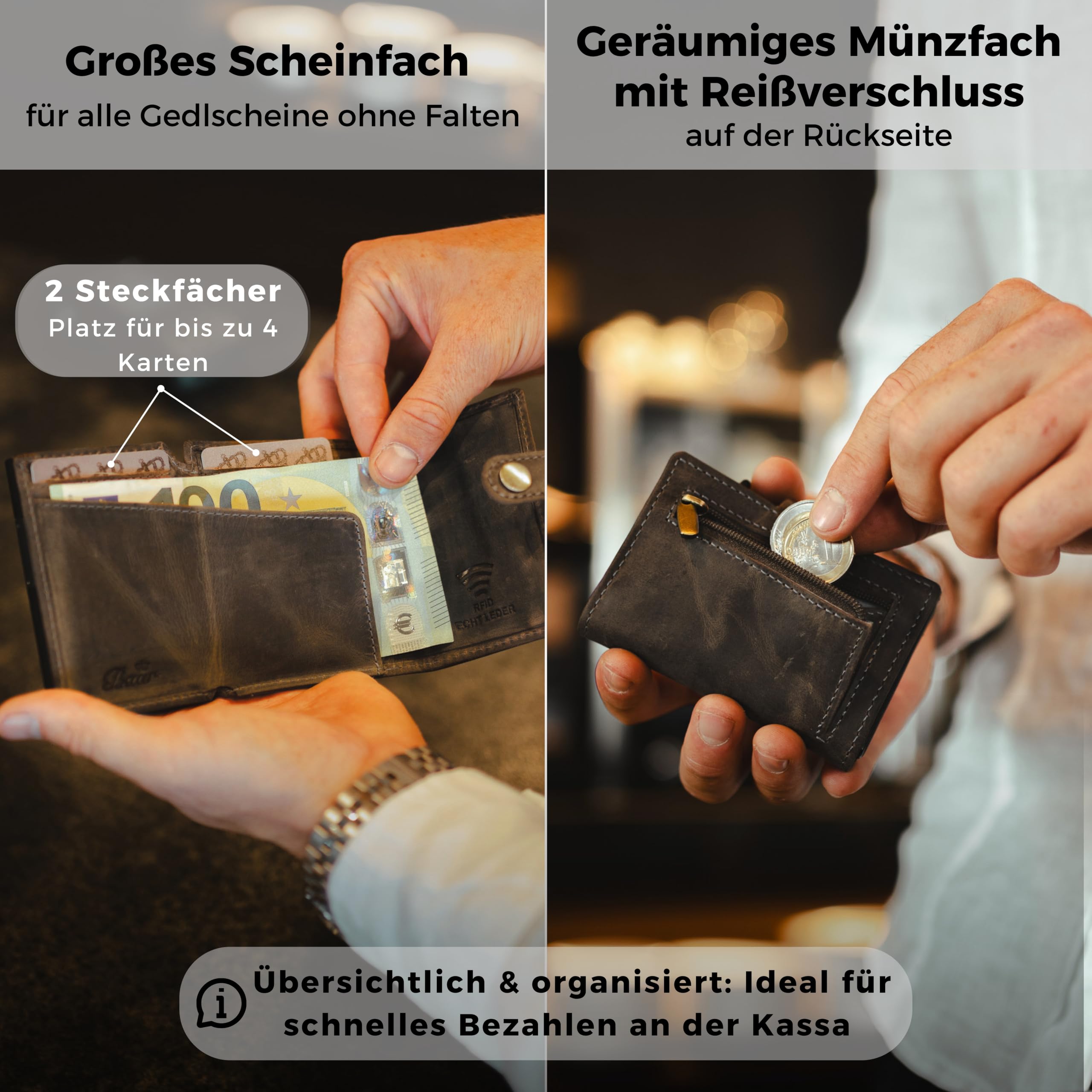 Baur Slim Wallet aus echtem Leder – Kreditkartenetui mit Aluminium Pop-Up Case & RFID-Schutz – Kleine Geldbörse für Herren mit Münzfach – Smart Wallet (Münzfach mit Reißverschluss, Büffelleder Grau)