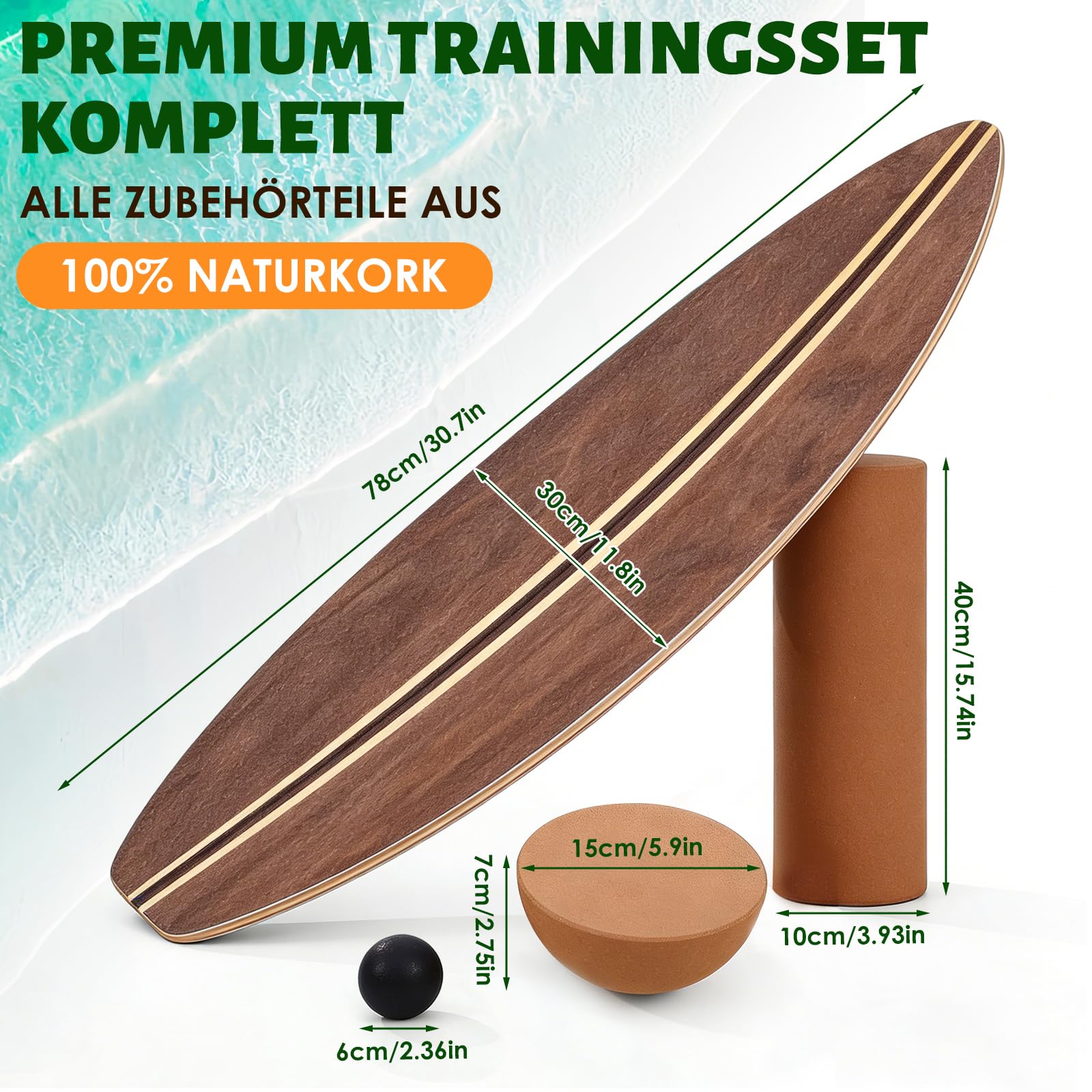 Balance Board, Holz Balance Board Erwachsene Gleichgewichtstrainer Mit Korkrolle, Kork Halbkugel und Gummiball, Balance-Trainer mit rutschfester Oberflächenbehandlung