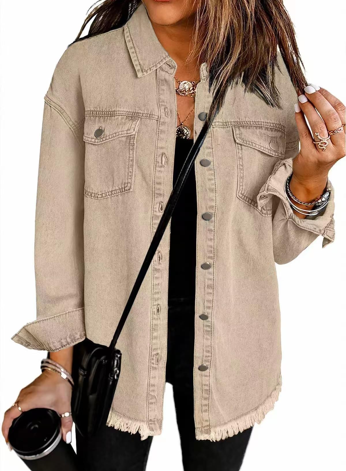 Casual Denim Button Down Distressed Jacket, Washed Denim Shirt Jacket for Women, Boyfriend Frayed Hem Shacket