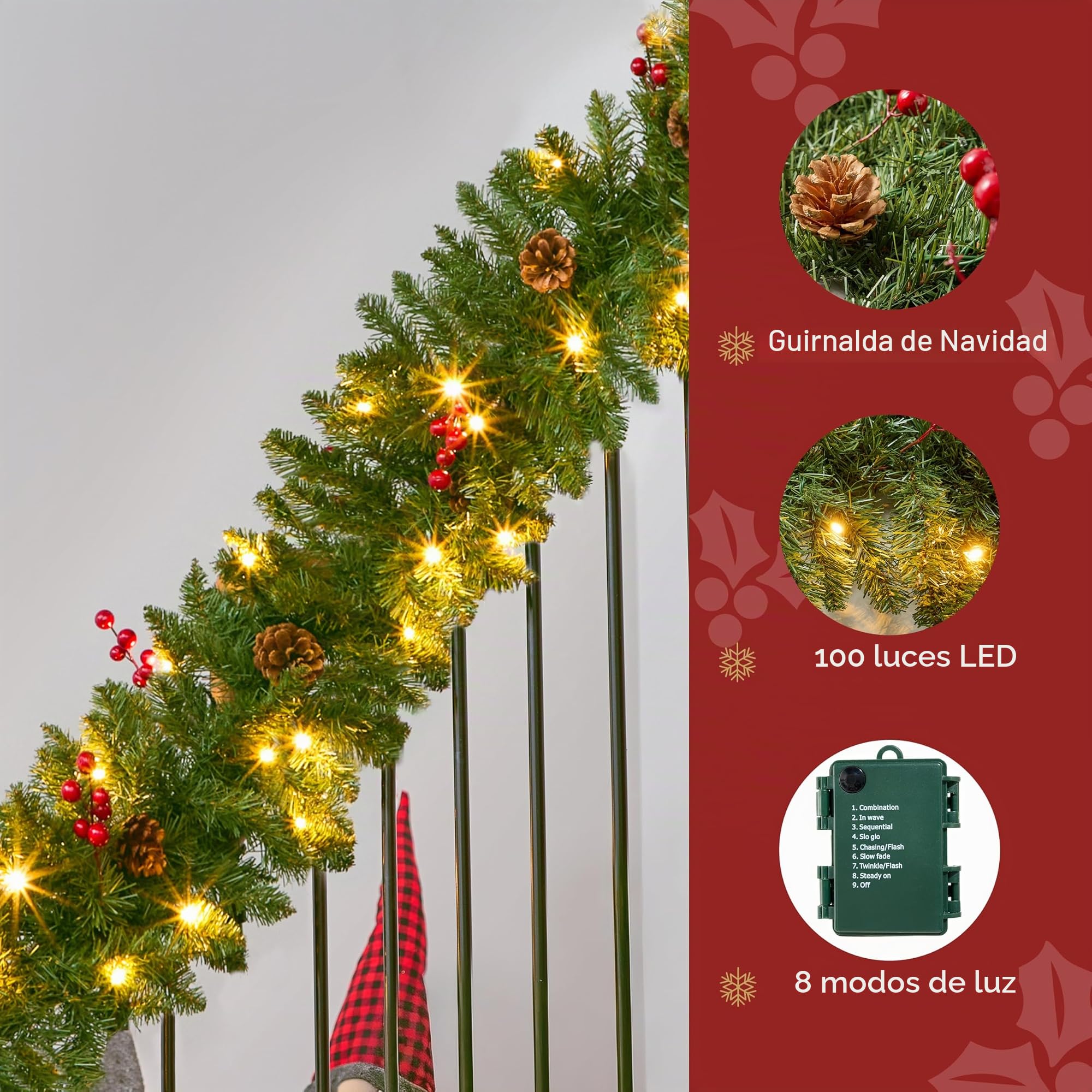 270 cm Guirnalda de Navidad Decoración Led para Árbol Artificial Premium 100 Luces LED Y Piñas Naturales Conectable A Más Guirnaldas