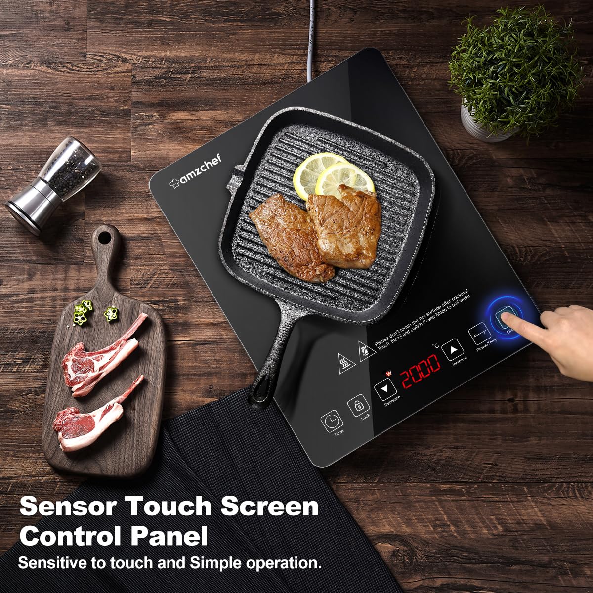 AMZCHEF Płyta indukcyjna, 2000W Single Induction Hob, Slim Design, 10 poziomów mocy, 10 ustawień temperatury, Safety Lock, 3 Hour Timer, Black