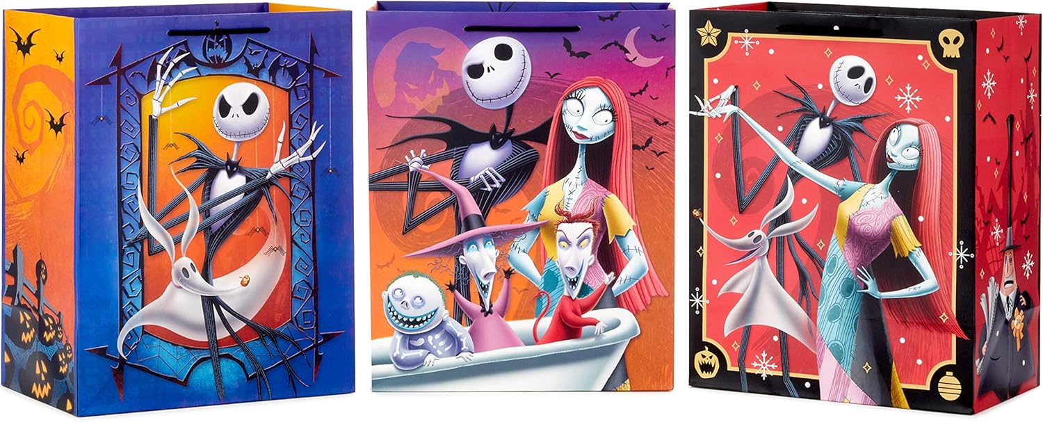 Hallmark Disney The Nightmare Before Christmas 13″ Large Gift Bag Bundle (3 Bags: Jack Skellington, Zero, Sally, Lock, Shock and Barrel) for Halloween, Christmas, Birthdays