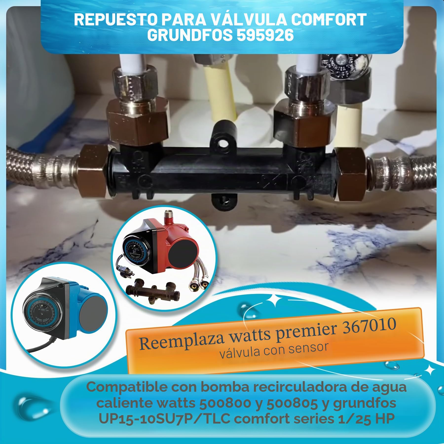 Válvula de sensor 595926 para Watts Premier 500800 y 500805 y Grundfos Up Comfort Series, sistema de bomba de recirculación instantánea de agua caliente 367010, válvula de puente de derivación térmica