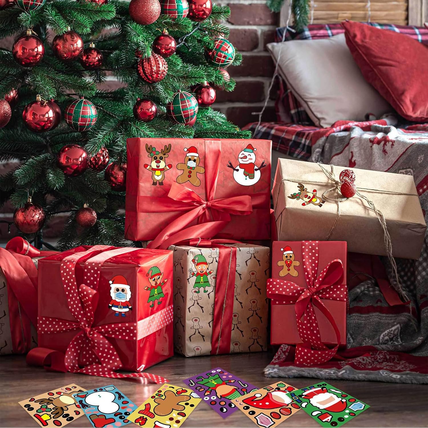 24 Sheets Christmas Stickers for Kids - Make Your Own Face Stickers for Crafts, Party Favors & Classroom Activities Santa and Christmas Tree