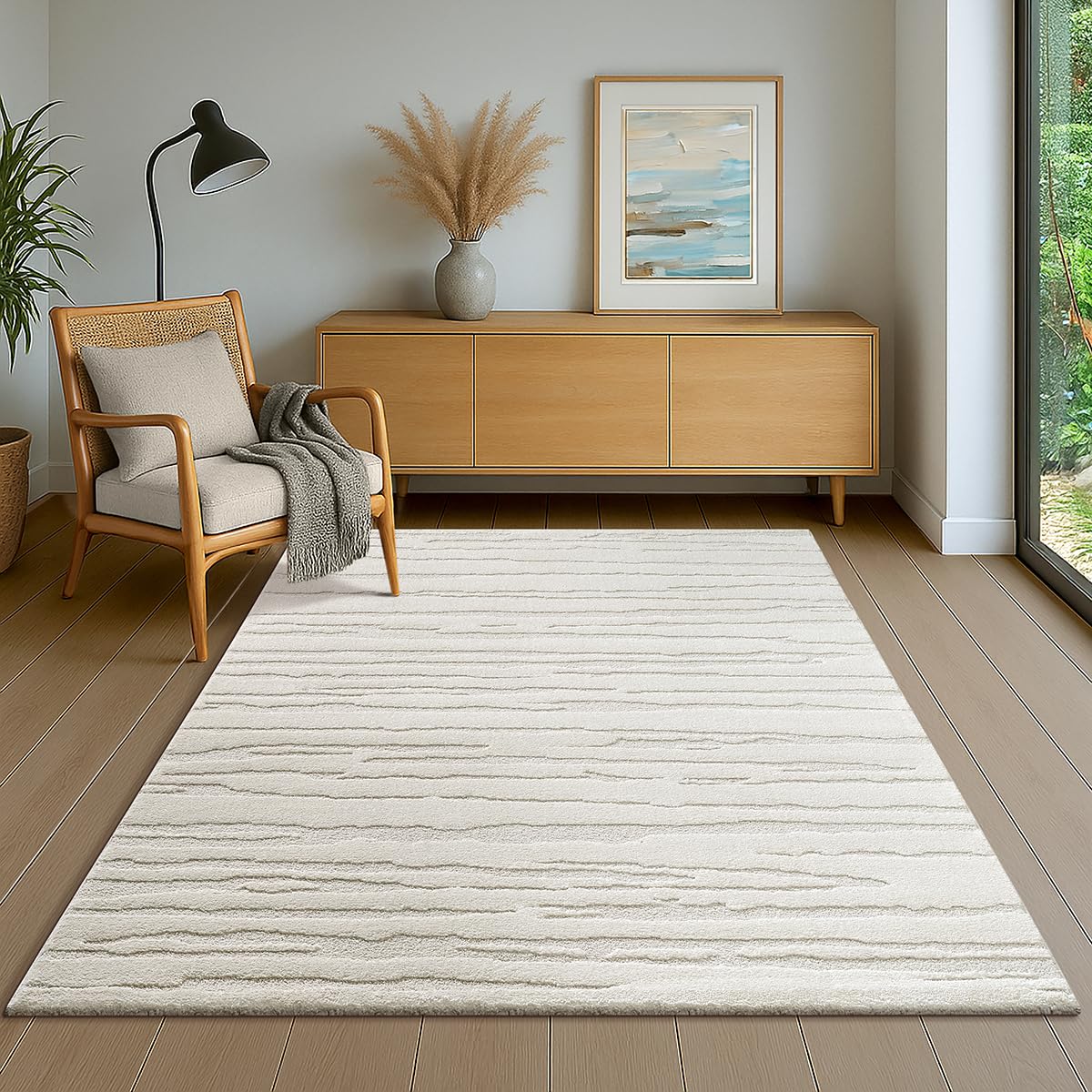 the carpet Everest - Tappeto soggiorno moderno pelo corto con effetto ad alta profondità, effetto 3D, alta densità e piacevolmente morbido, design astratto, crema, 240 x 340 cm