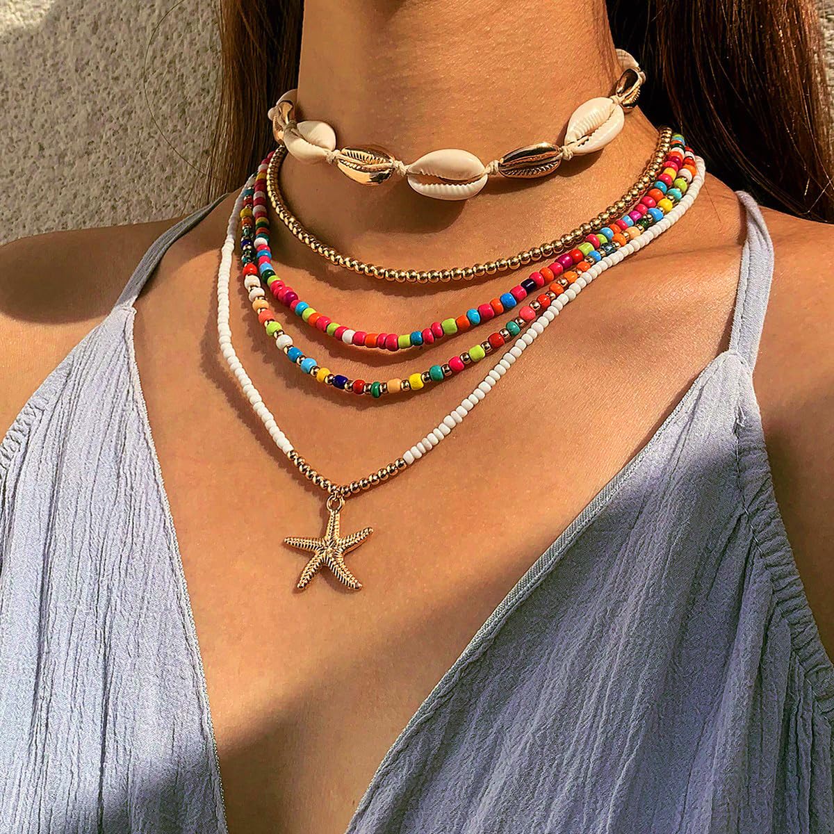 Naszyjnik w stylu boho, kolorowe muszle, koraliki warstwowe, naszyjnik, plaża, rozgwiazda, biżuteria damska, metal, metal, Metal