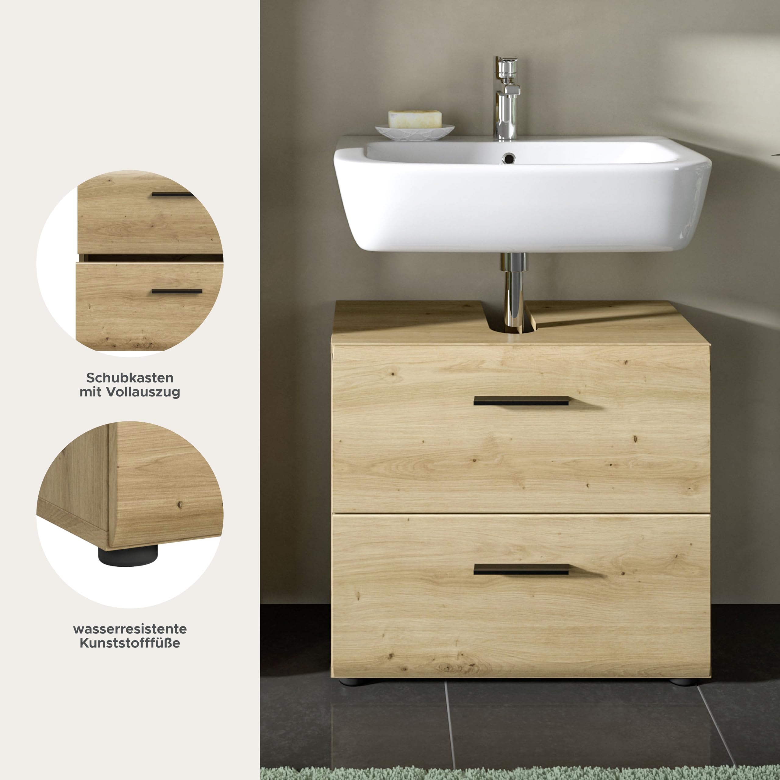 xonox.home – Waschbeckenunterschrank Ice 60x54x60 cm in Korpus und Front Artisan Oak Nachbildung – Moderner Badschrank Unterschrank für Waschbecken – warm & natürlich