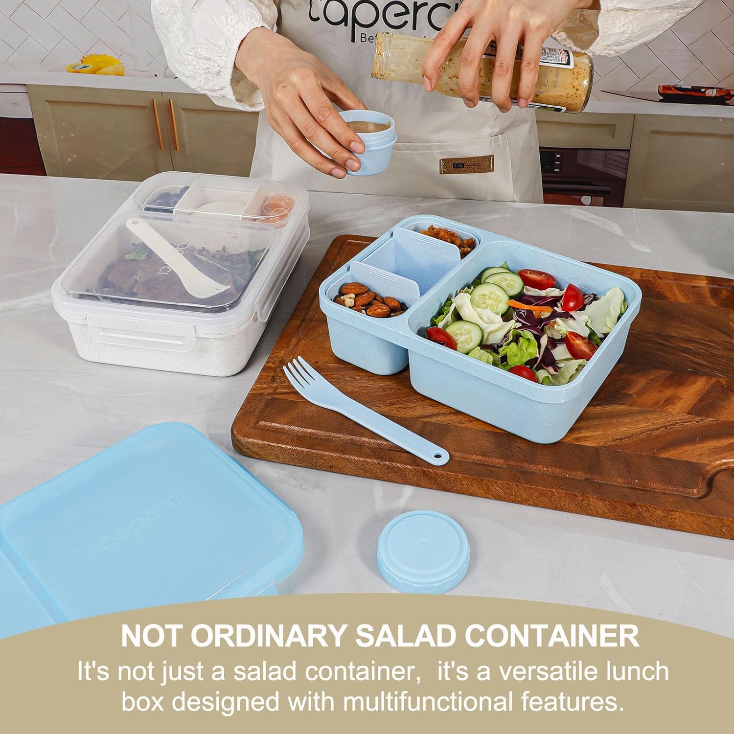 Caperci 2 Pack Salad Container for Lunch - 62 oz Large Bento Lunch Box for Adults, 2-Compartment Meal Prep Container with Removable Toppings Tray, Sauce Cup, Reusable Fork, BPA-Free (Blue & Tofu) - Image 2
