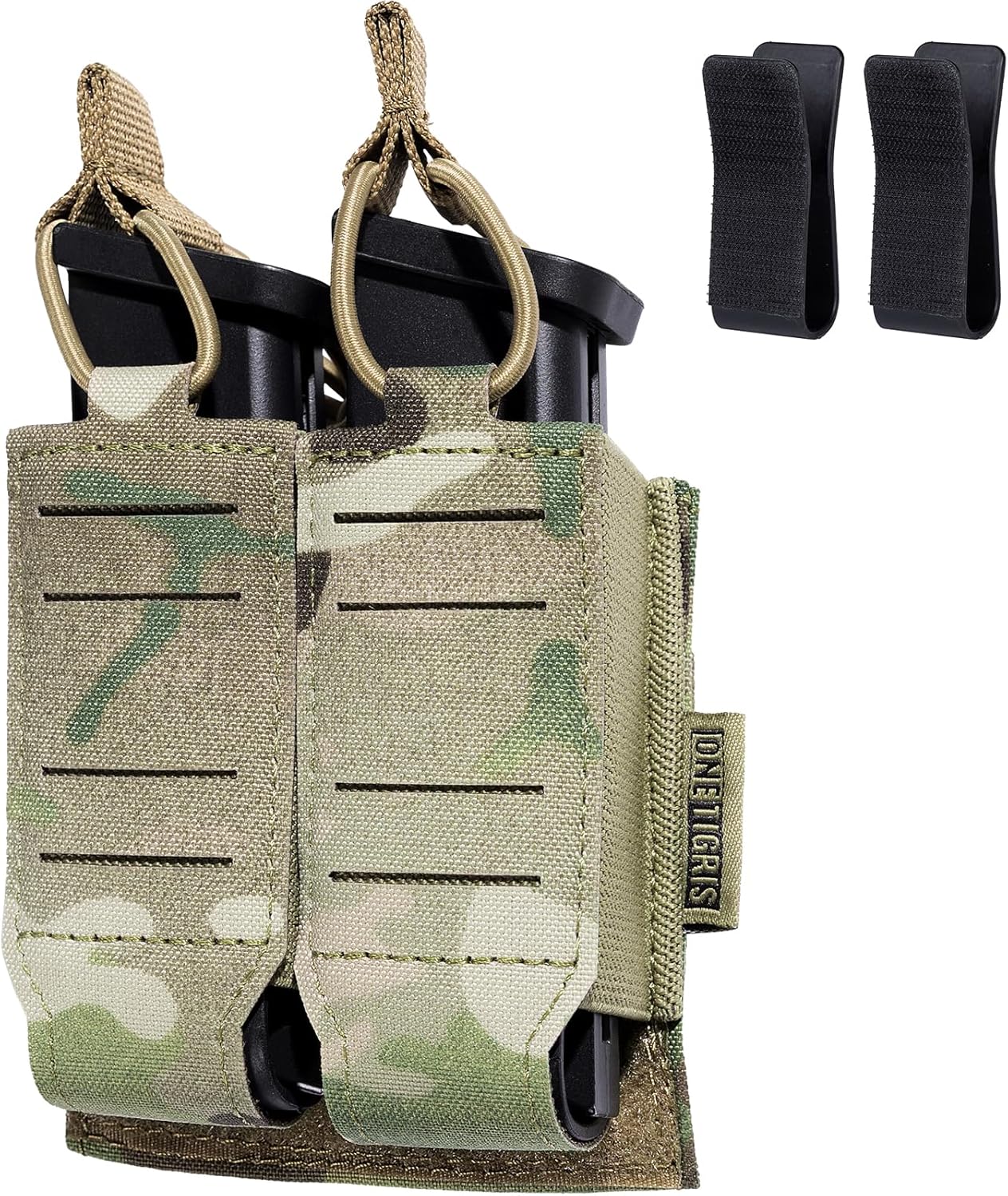 OneTigris Molle Pistol Mag Pouch - Double Magazine Pouch, 9mm Mag Holder for G17/19, S&W M&P, HK VP9 with Plastic Lock Kydex Insert, Quick Release & Laser-Cut Molle