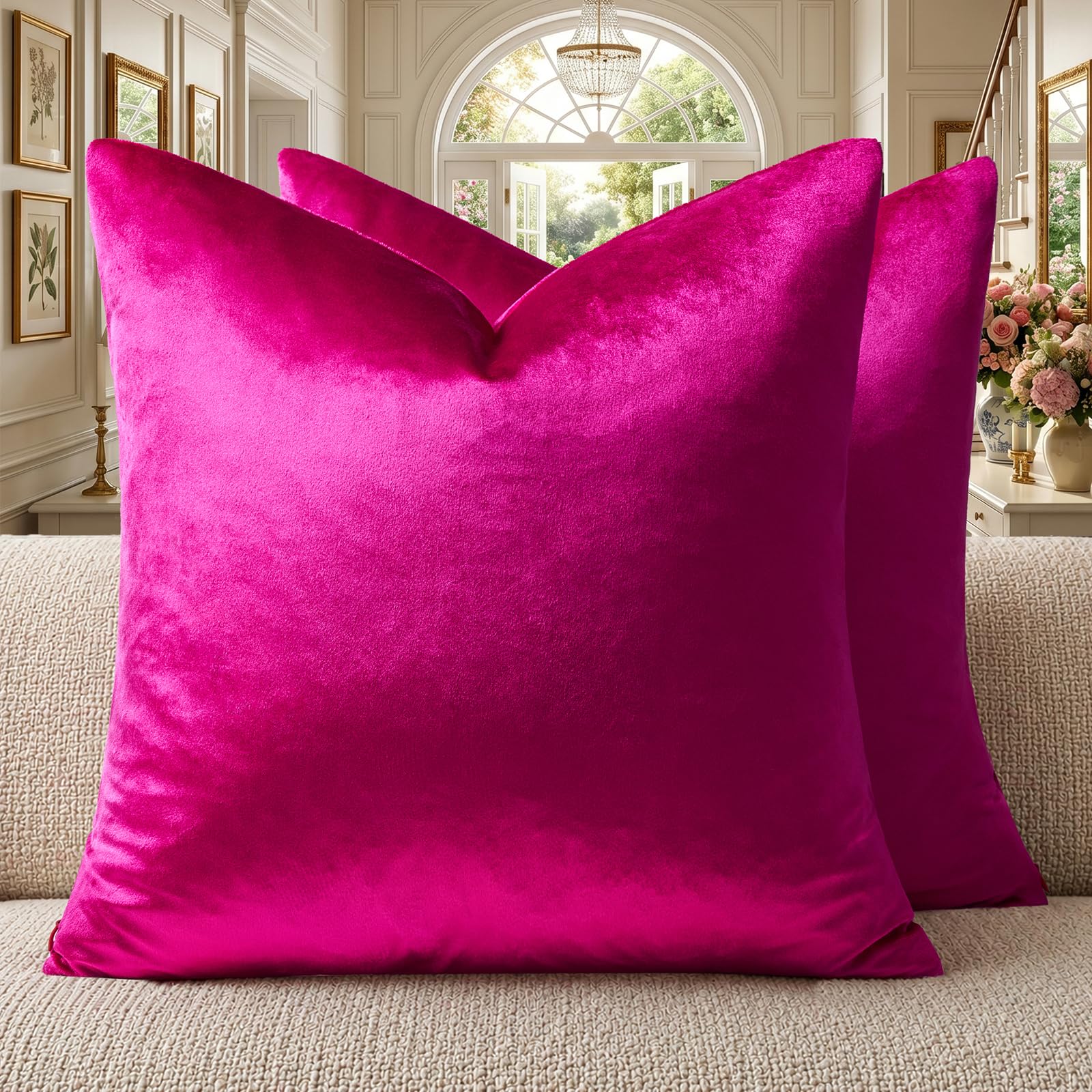 GIGIZAZA Hot Pink Pillow Covers 16x16 Throw Pillows Velvet Decorative Sofa Couch Pillow Covers Bedroom Cushion Pillowcase โ image 1