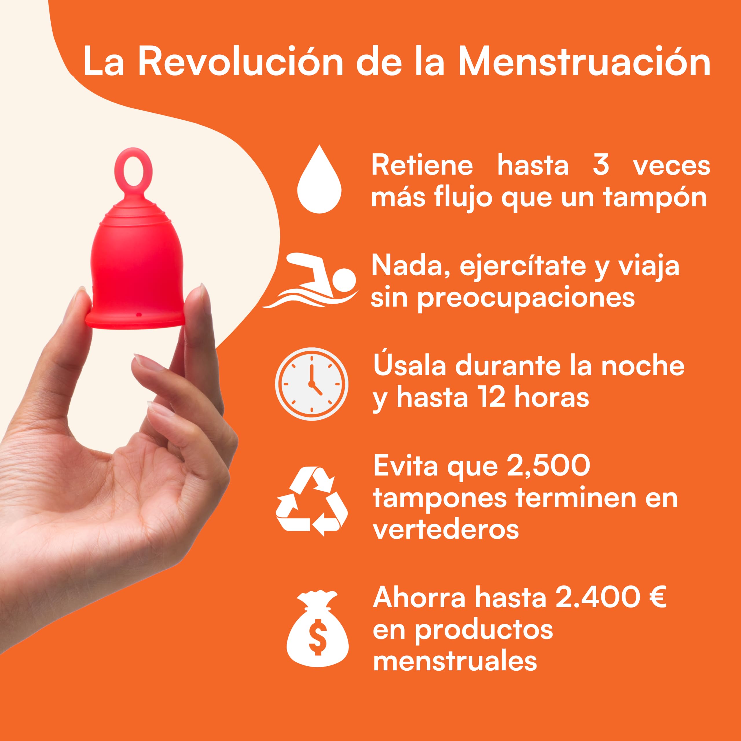 Asan Copa Menstrual - La Más Fácil de Insertar y Retirar, Diseño Único con Anillo, Silicona de Grado Médico, Diseñada en EE. UU. (Flujo Abundante)