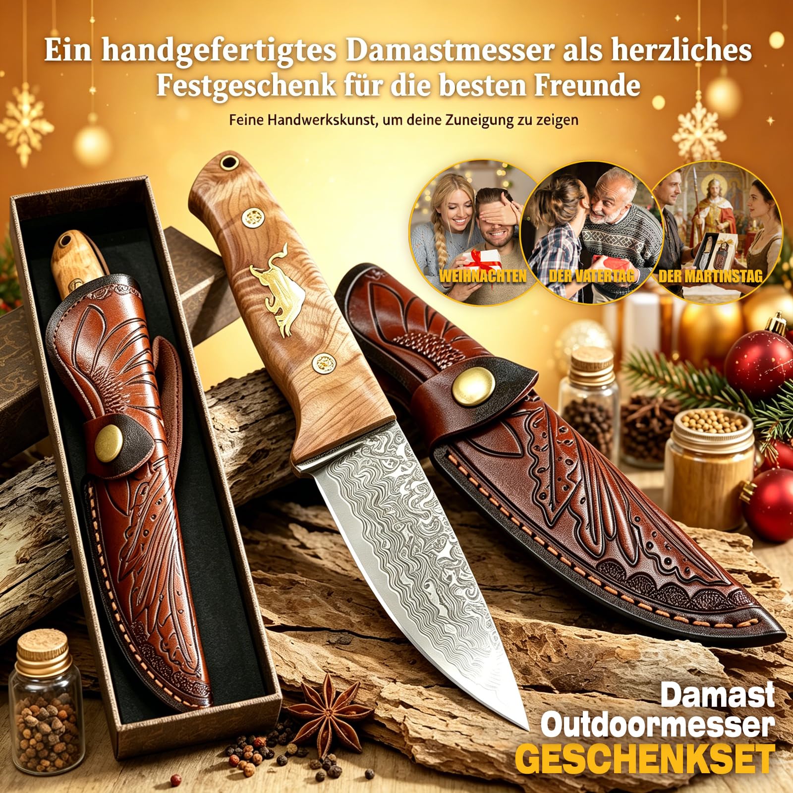 Feststehendes 67-lagiges VG10 Damast Jagdmesser mit Massivholzgriff & Lederscheide, Outdoor Überlebensmesser für Camping Wandern Angeln, Geschenk für Männer