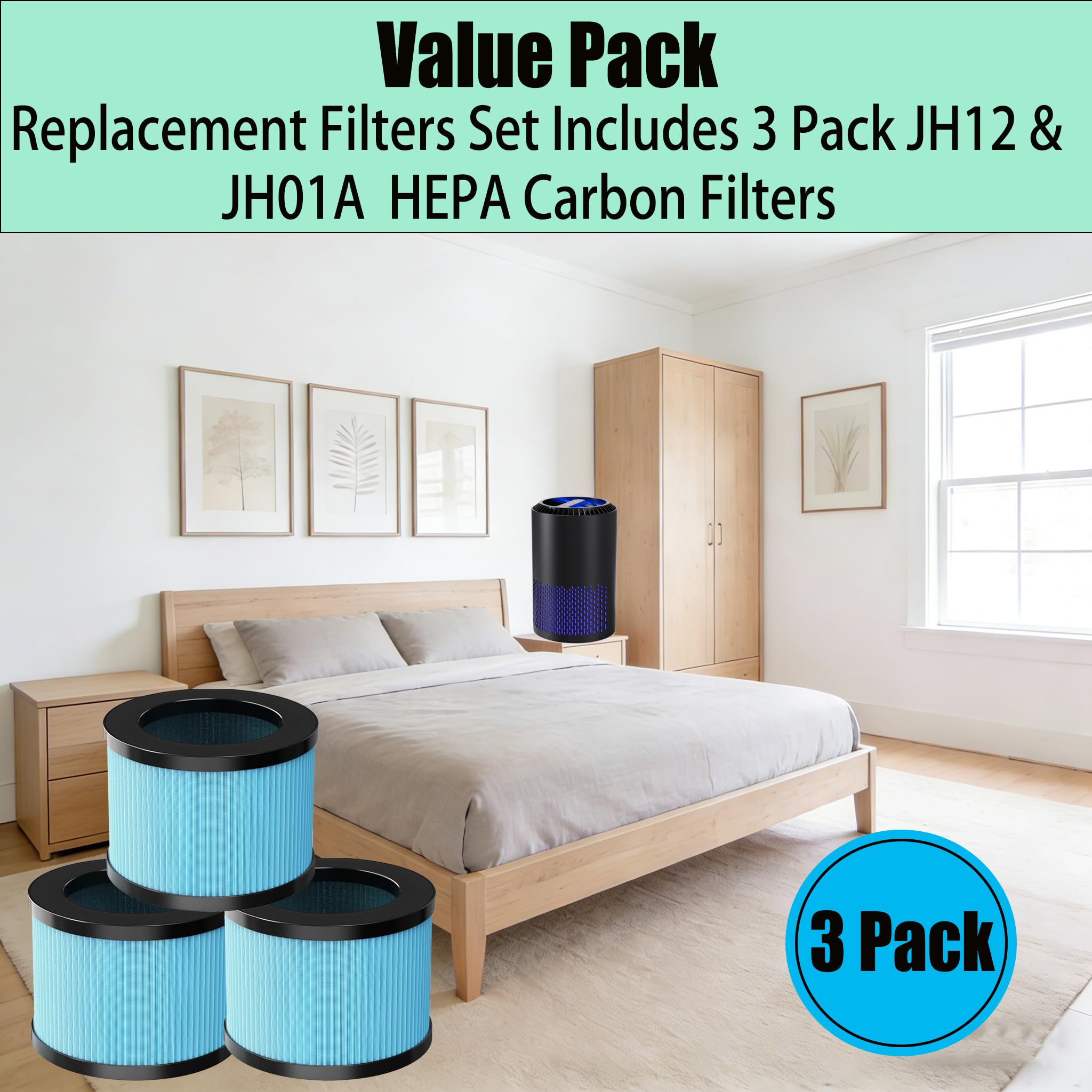 Filtros de carbón activado HEPA JH12 y JH01A de repuesto para purificador de aire AROEVE DH-JH12, filtro compuesto 4 en 1, piezas # DH-JH12LX (paquete de 3)