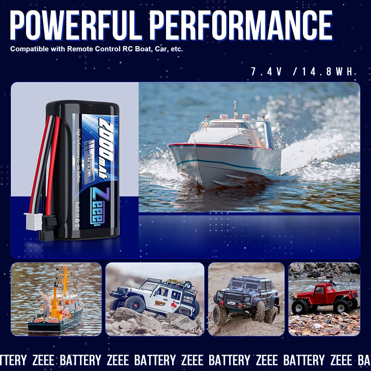 Zeee 2S Li-Ion Batería 7.4V 2000mAh con Enchufe SM2P y Cargador USB de 2 Piezas Compatible con RC Car MN D90/91, MN 99/99s, H101 H103 H105 RC Boat RC Truck (2 Piezas)