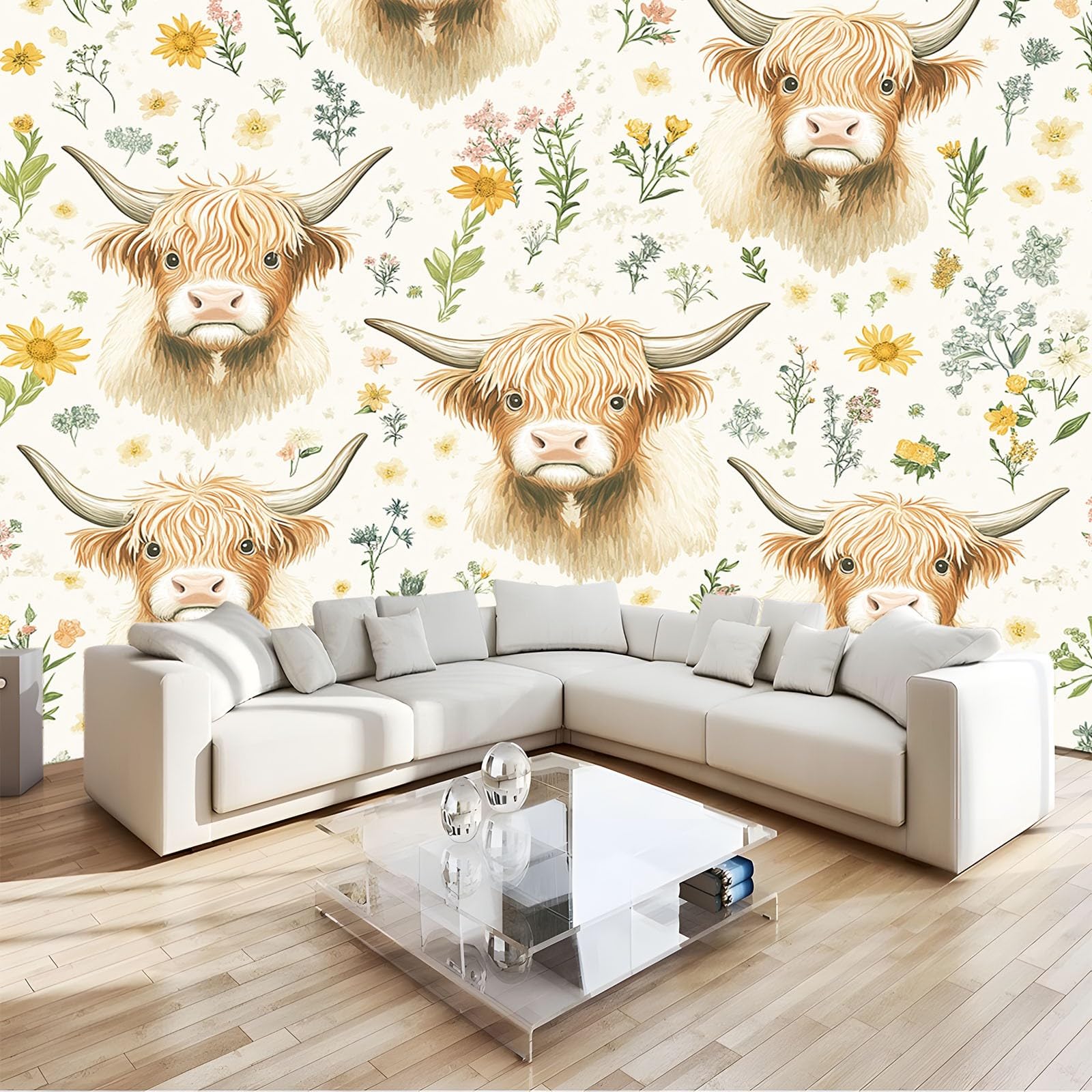Papier peint panoramique 3d highlands pour masquer un mur vide et agrandir une petite chambre