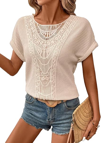 Chicrise Tshirt Damen Sommer Rundhals Lochstickerei Bluse Waffel Spitzen Kurzarm Oberteile Elegant - 1