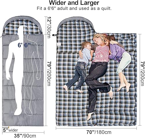 Vista 32 de REDCAMP Saco de dormir de franela para adultos, cómodos sacos de dormir de algodón para acampar con capucha desmontable, rojo/gris/azul