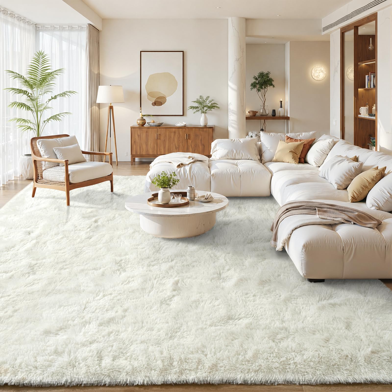 Zentavio White Living Room Rugs 9x12 Large Area Rugs for Bedroom Soft Fluffy Furry Shag Aesthetic Carpet Plush High Pile Floor Rug for Nursery Kids