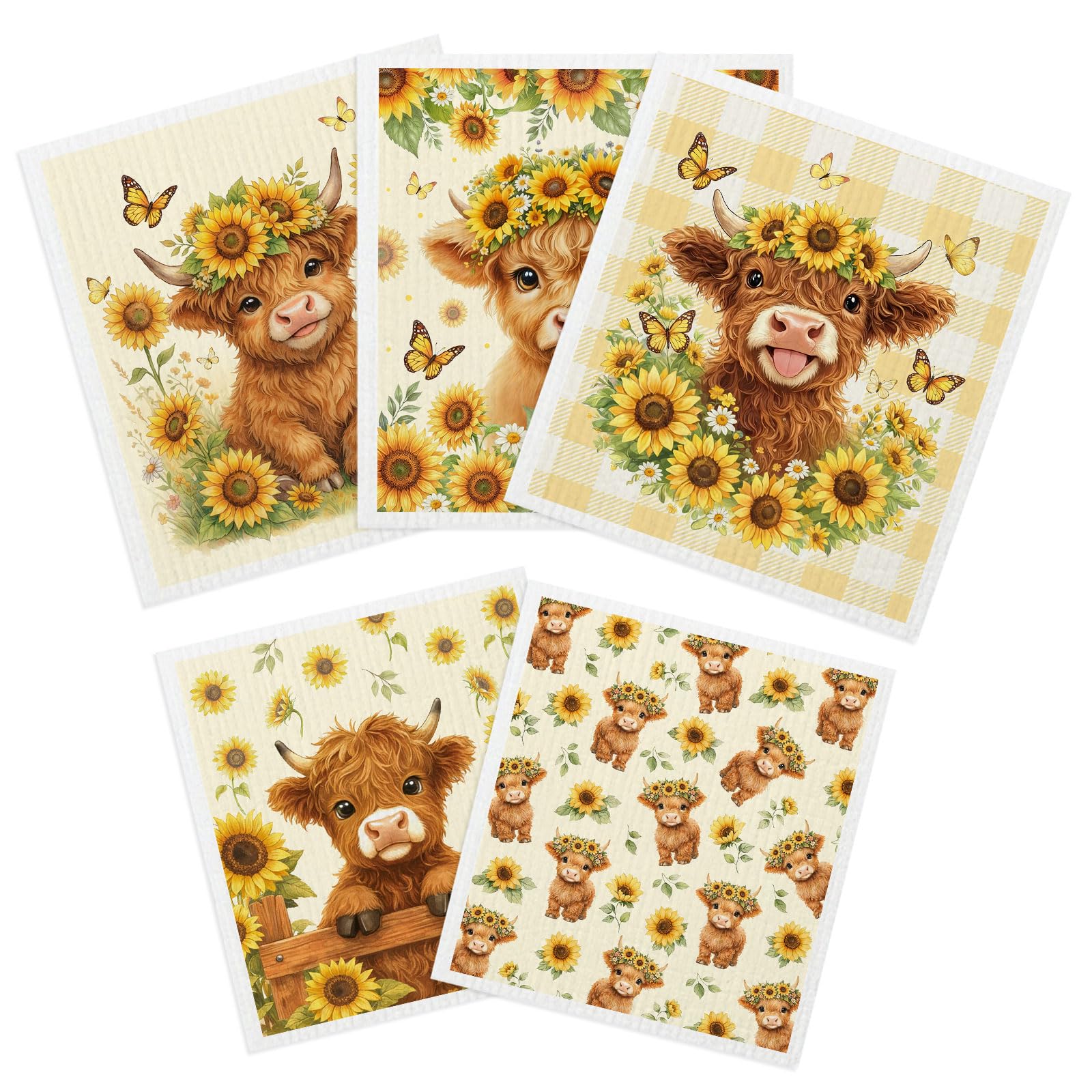 5 Pack Swedish Dishcloths, Highland Cow Kitchen Dishcloths Dish Towels for Animal Lover, Mixed Colours Reusable Cleaning Cloths for Kitchen, Paper Towel Dish Cloth Towel Cleaning Wipe for Home — image 1