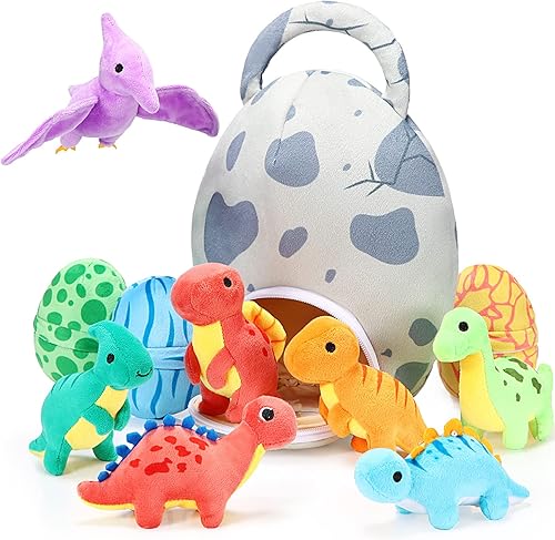 Zhanmai 11 piezas de juguete de peluche de dinosaurio de Pascua pequeño dino de peluche y bolsa de huevos conjunto de animales de peluche de