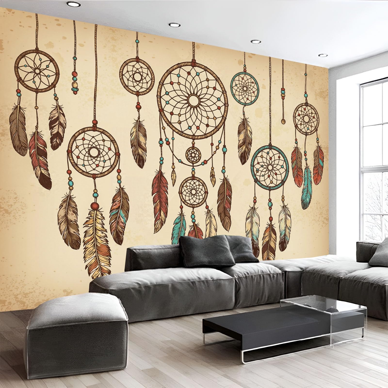 Traumfänger Federn Vlies Fototapete 250 x 175 cm - Retro Tribal Tapete Schlafzimmer Wohnzimmer, Braun Vliestapete Wanddeko Poster Kunst, Für TV Hintergrund Flur Büro wand Dekoration