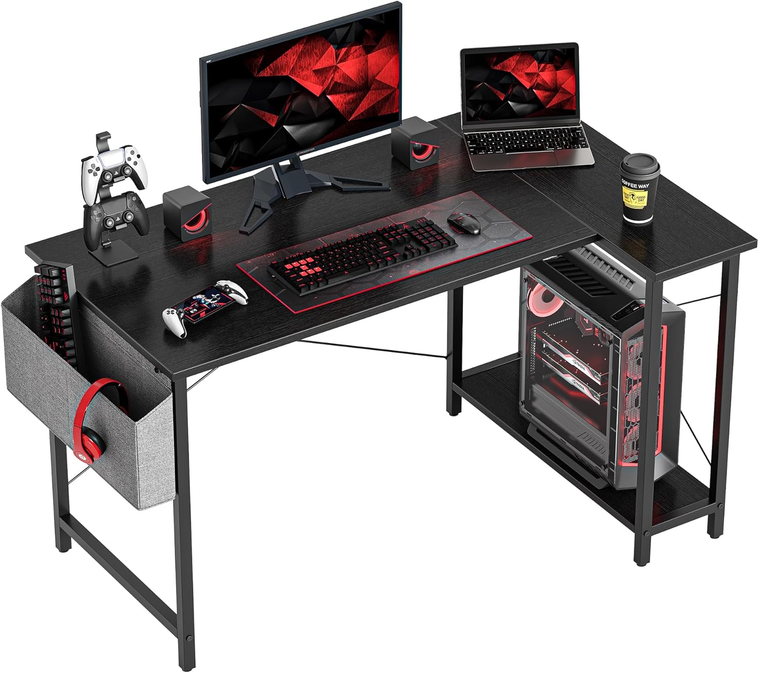 CubiCubi 40 Inch Small L Shaped Computer Desk with Storage Shelves Home Office Corner Desk Study Writing Table, Black