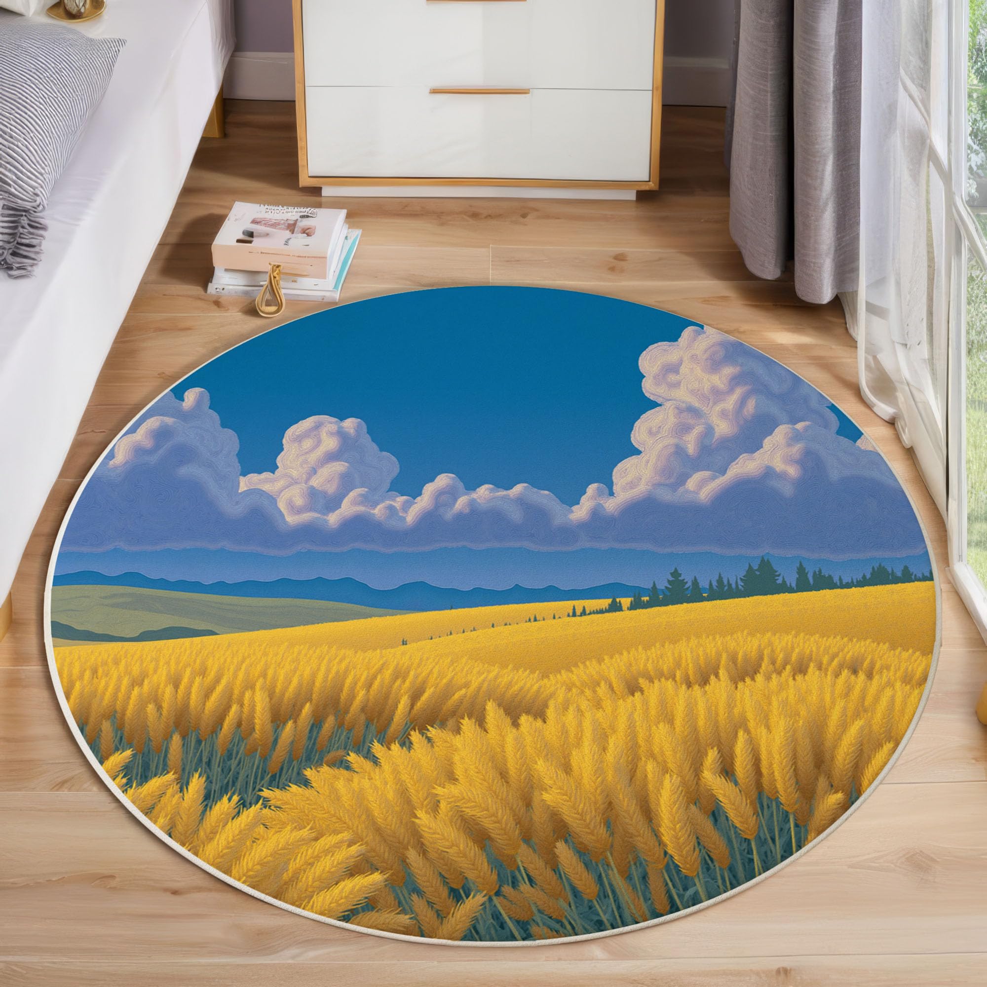 Tapis salon rond bleu clair 160 cm motif prairie de blé lavable
