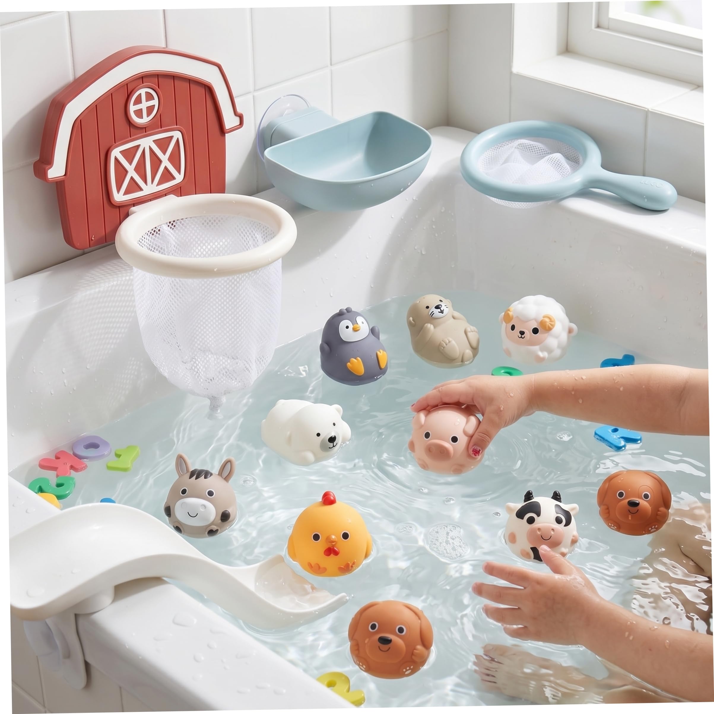 Juguetes de baño, Juguetes de baño para niños, 13 unids/Set de tobogán de Juguete con Animales flotantes, aro y Red, Juego Interactivo de bañera para bebés, niñas y niños