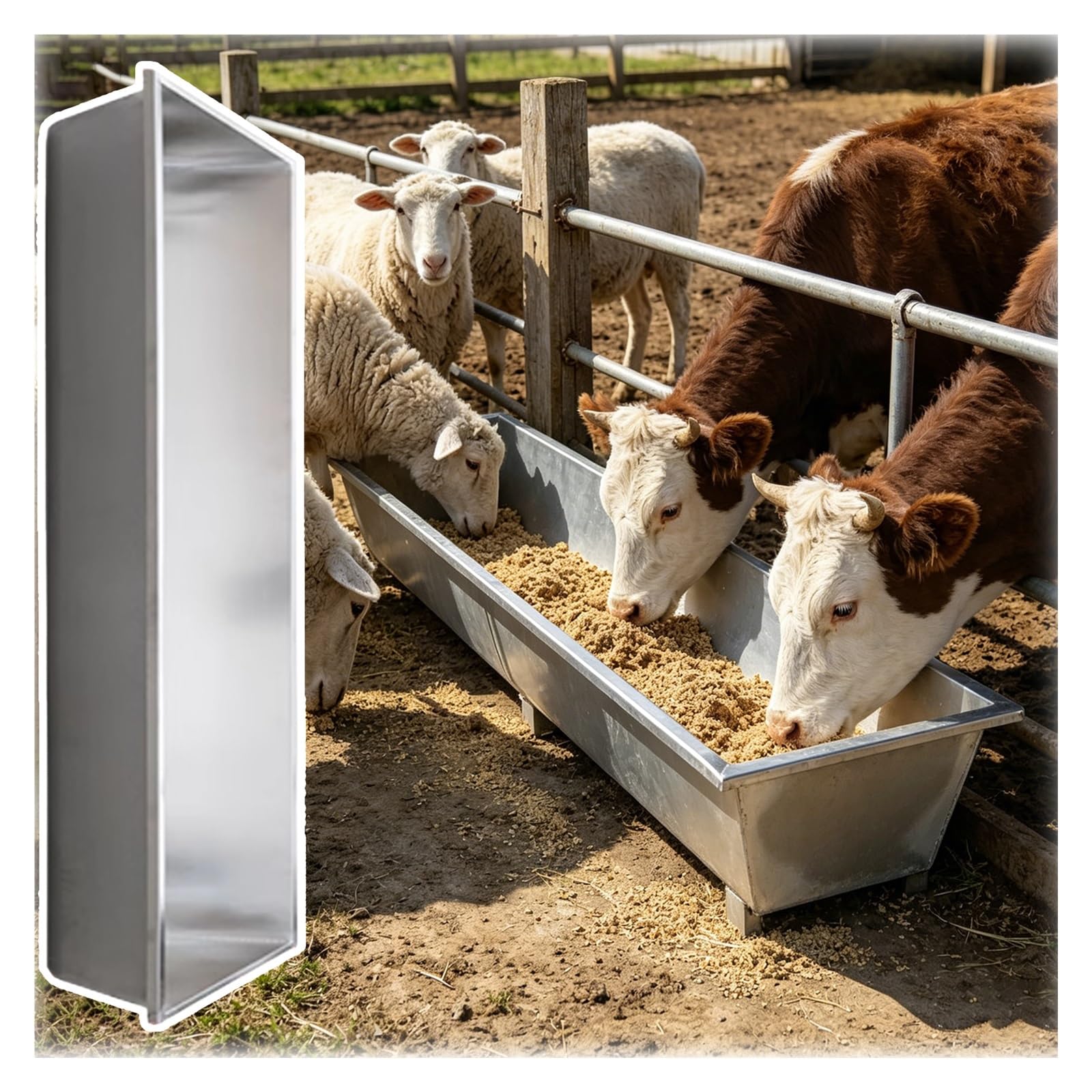 Comedero para ganado, cuenco grande de acero inoxidable 2 en 1 para cabras, ganado, cerdos, caballos, fácil de limpiar, comedero de heno ideal, 195.1 cm de longitud