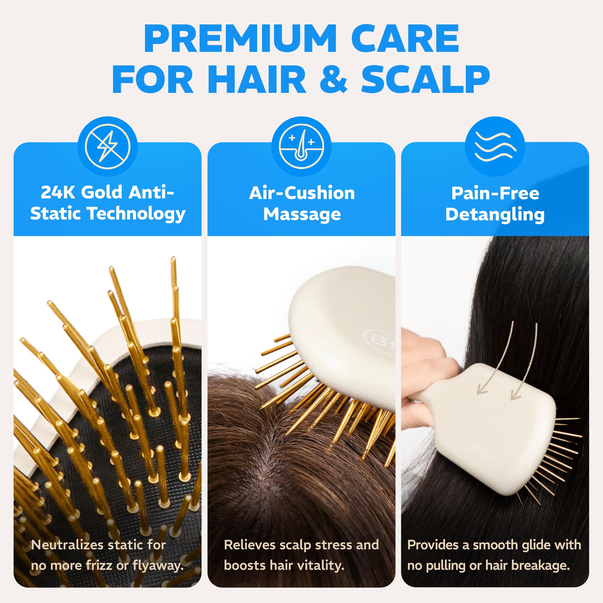 Cepillo de pelo chapado en oro de 24 quilates para cabello rizado, cepillo para secar con secador, cepillo para desenredar el cabello húmedo y seco, desenredante para todo tipo de cabello