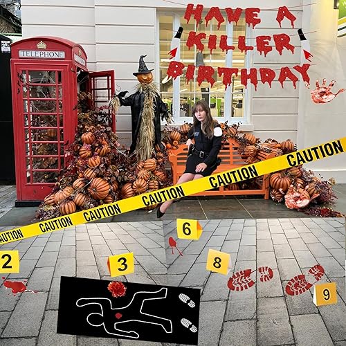 Miniatura 3 de Kit de decoración de escena del crimen de Halloween, cartel de cumpleaños con texto en inglés "Have a Killer", silueta corporal, cinta de escena del
