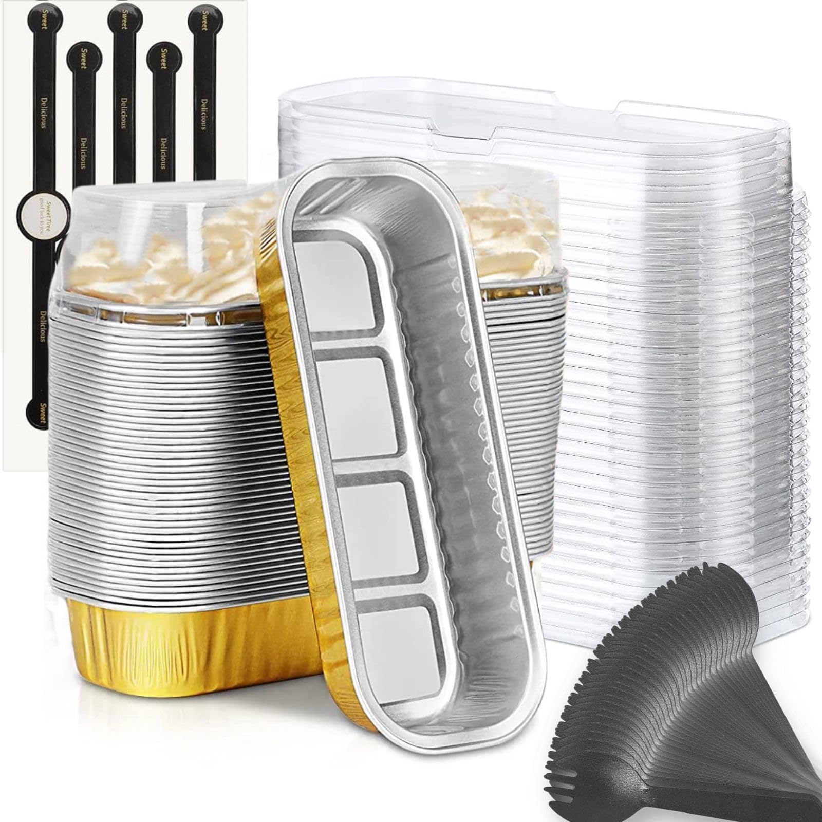 Mini Loaf Baking Pans with Lids and Spoons (50 Pack, 6.8oz) Rectangle Aluminum Foil Baking Pans Tins Containers - Cupcake Containers Wrappers Cheesecake Creme Brulee Ramekins