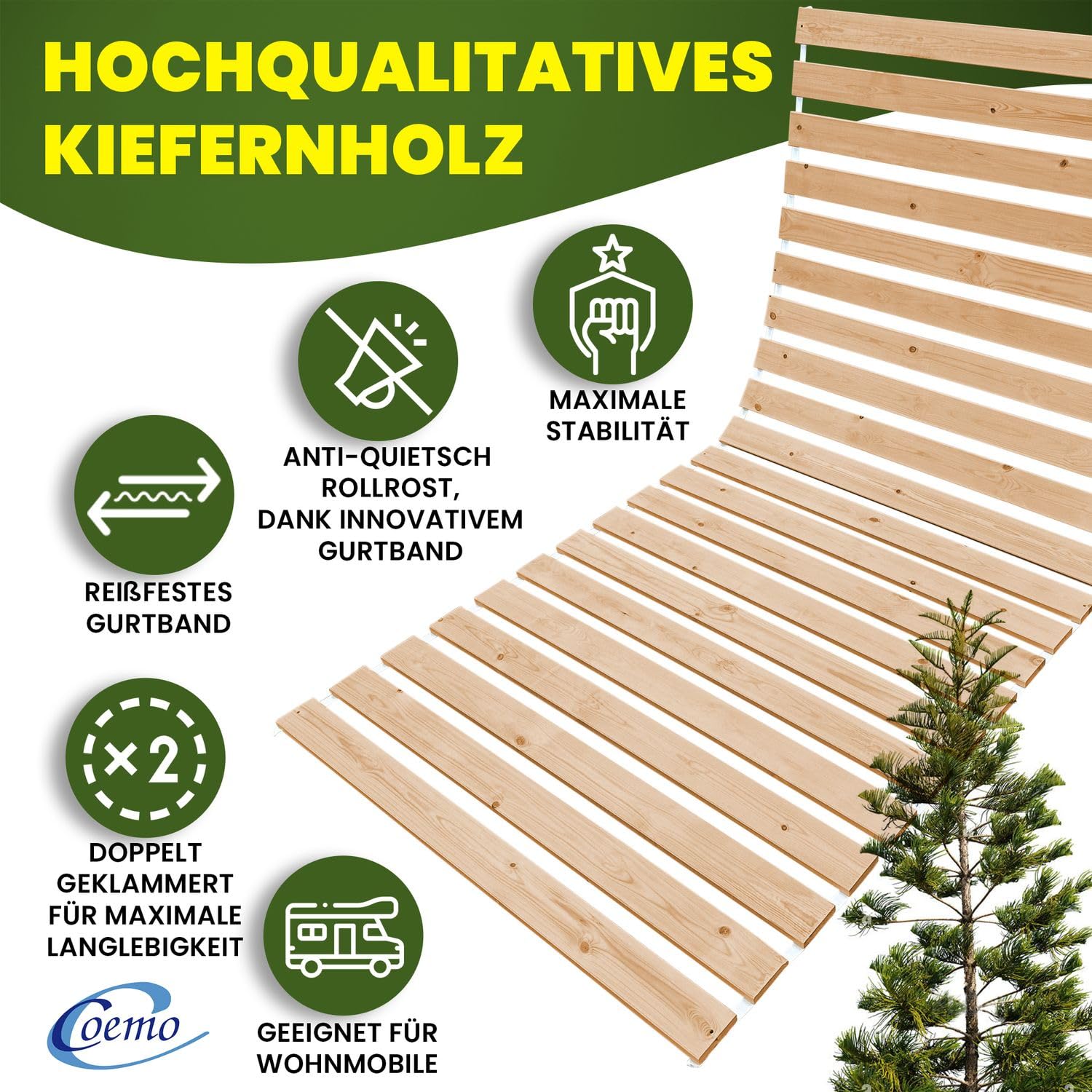 Somier enrollable de 180 x 200 cm – 21 listones – somier extra fuerte de madera maciza – soporta hasta 250 kg – Somier para cama individual o doble