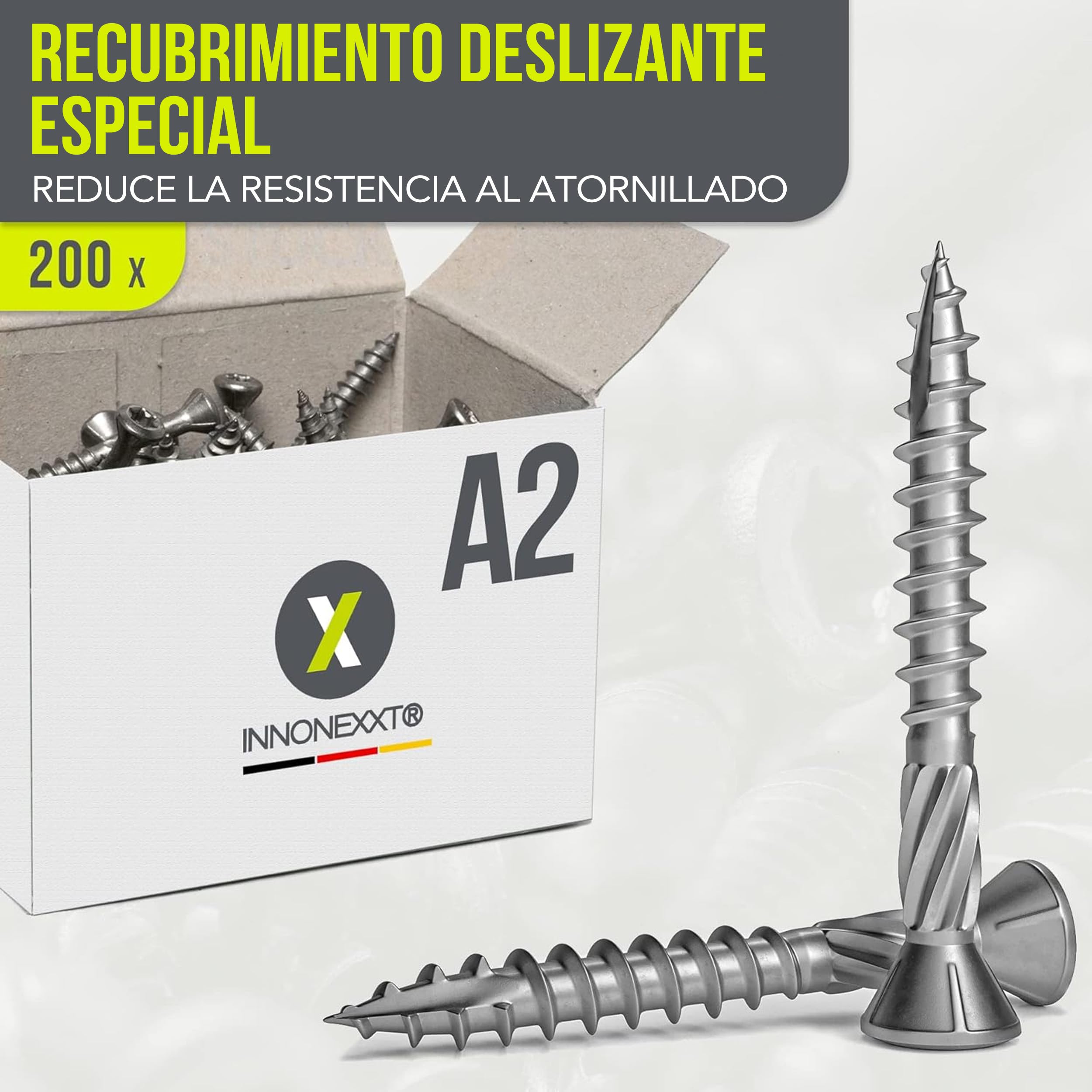 Tornillos para terraza Muesca de corte Torx | A2 TX25-5,0x40mm - 200 uds| Tornillos para tarimas de acero inoxidable de primera calidad con recubrimiento deslizante, tornillo tarima madera