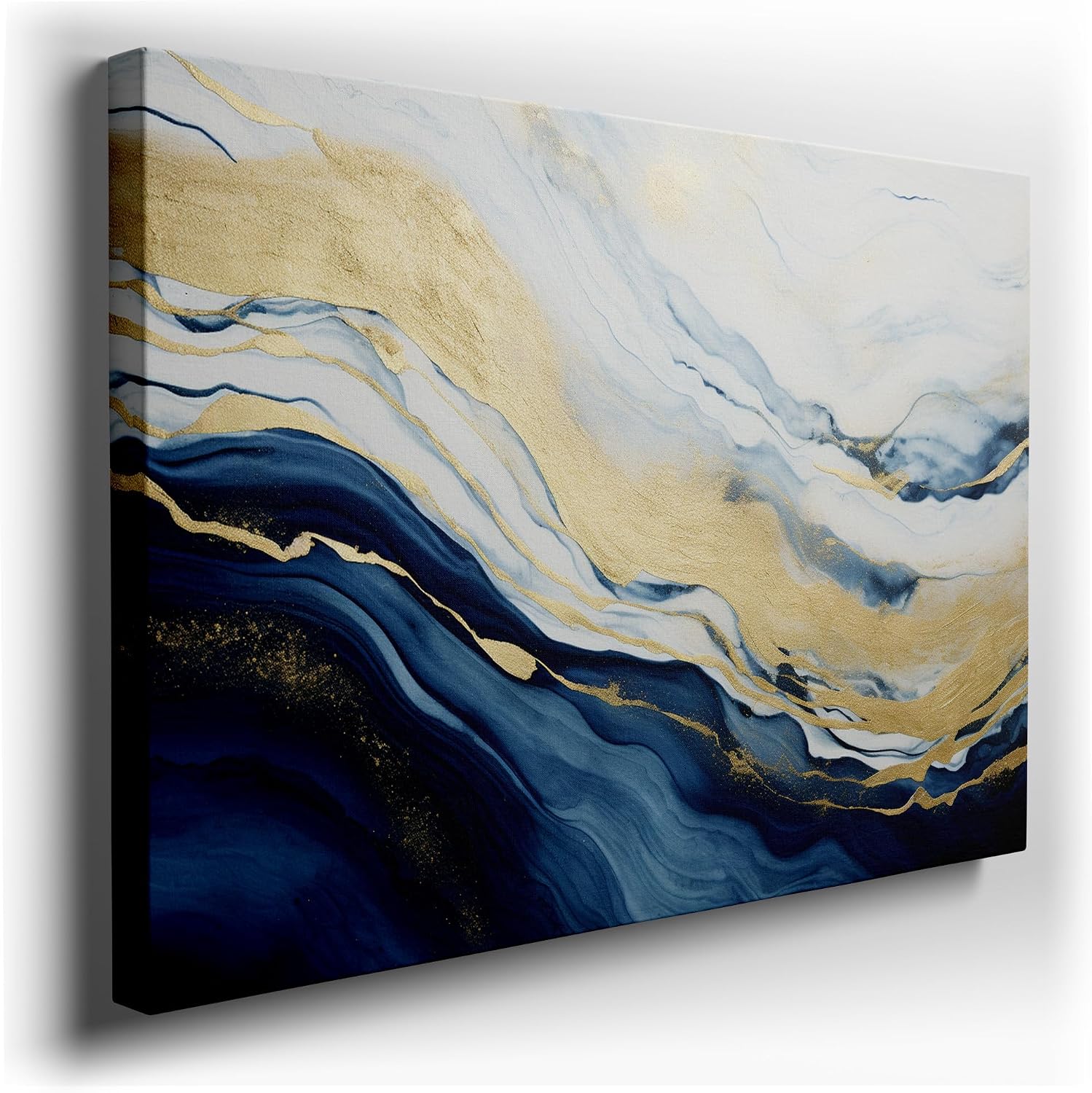 Canvas for Living room. Waves of Elegance The Luxurious Dance of Blue, Gold, and White in Abstract Art, 27 x 18 inch Canvas Wall Art - Ready to Hang