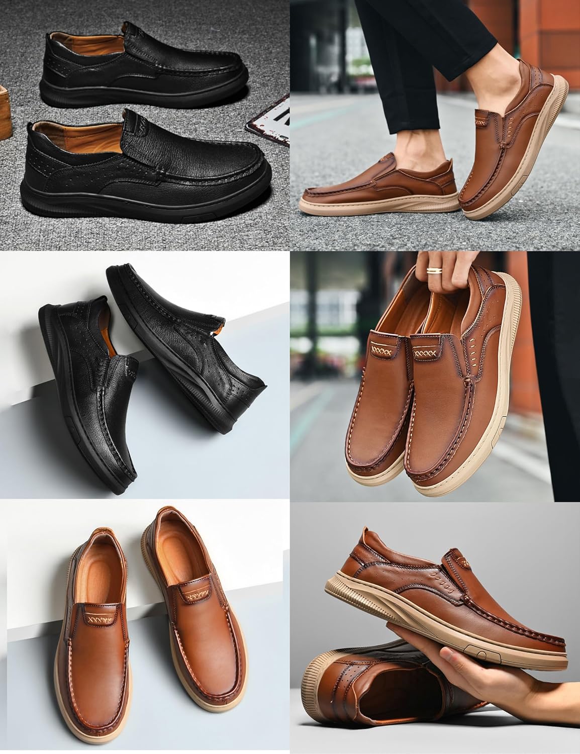 Men's Leather Slip-On Dress Casual Shoes,Trendy Comfort Breathable Hand-Stitching Non-Slip Driving Walking Loafers - Image 2