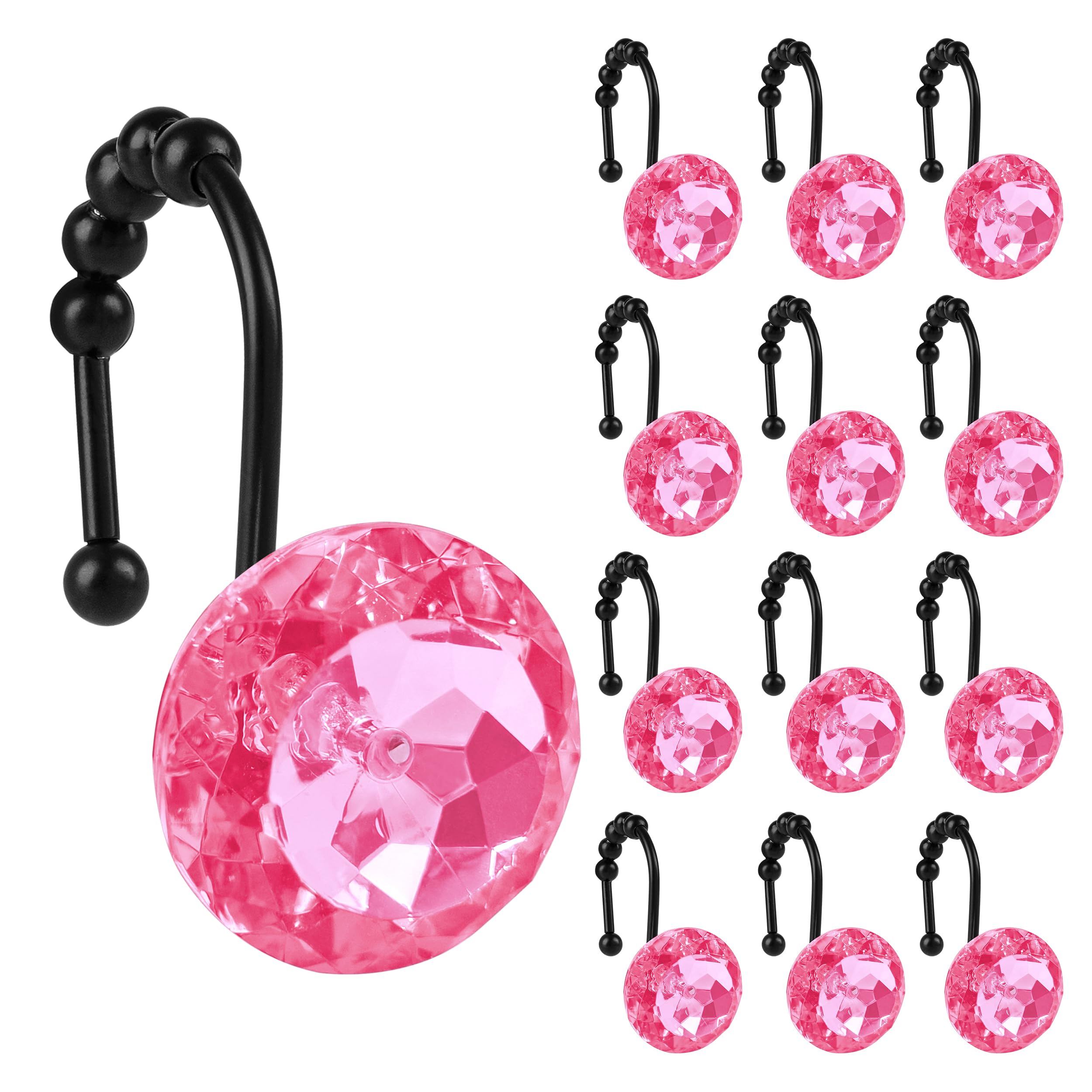 Anillos de cortina de ducha para renovar el baño con ganchos negros y diamantes rosa intenso Sunlit