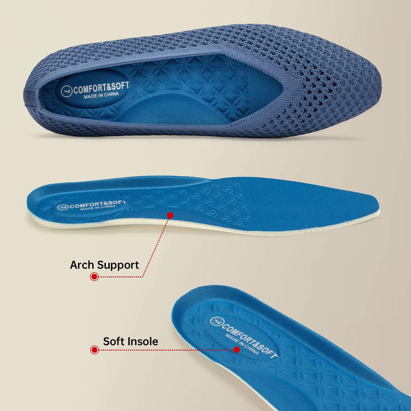 Frank Mully Flache Damen-Schuhe, quadratischer Zehenbereich, gestrickt, Netzstoff, mit Fußgewölbeunterstützung, waschbar, Ballettschuhe für die Arbeit