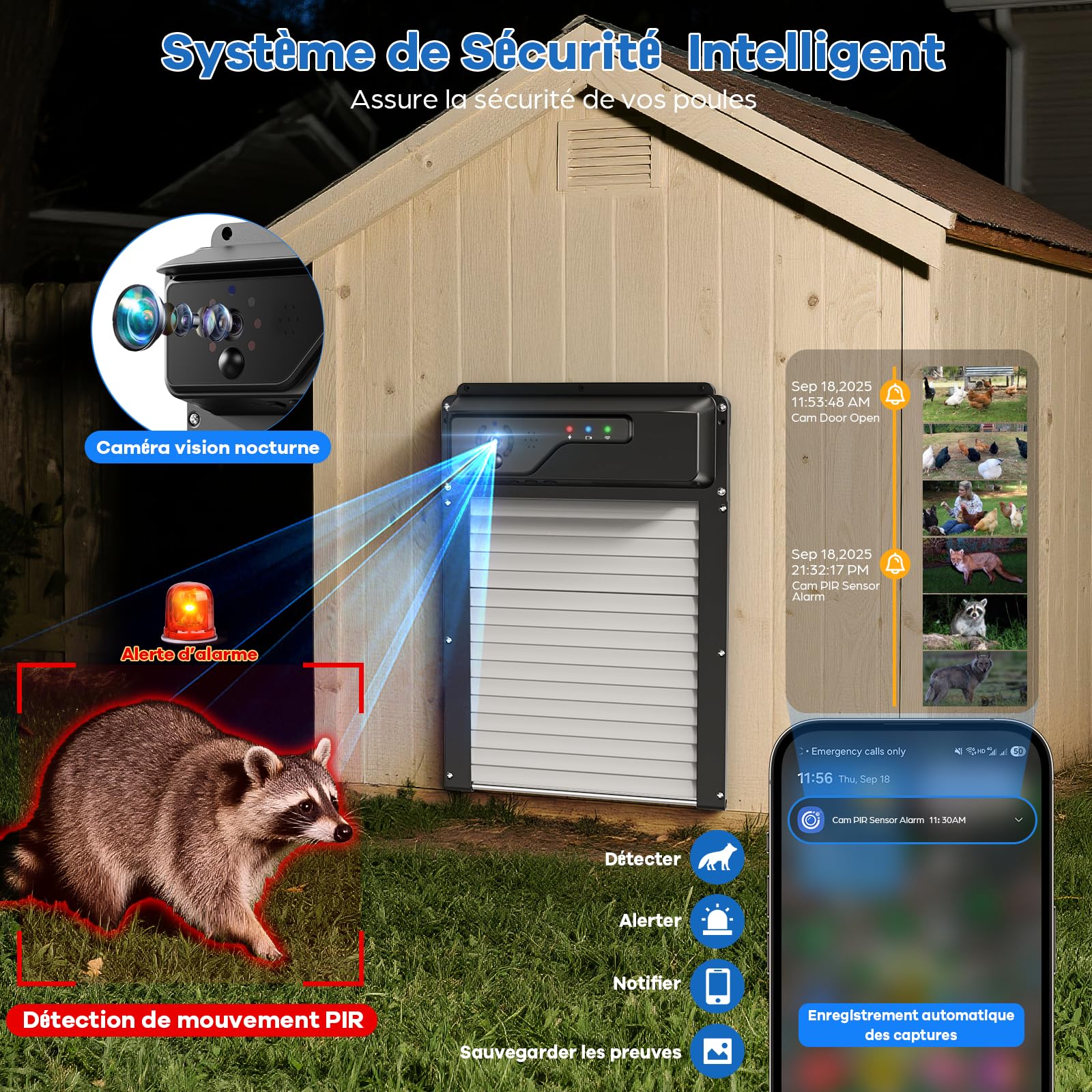 Porte Poulailler Automatique avec Caméra WiFi et Application, Porte à Enroulement Gain de Place pour Poulailler, Recharge Solaire, Contrôle à Distance, Minuterie, Anti-pincement