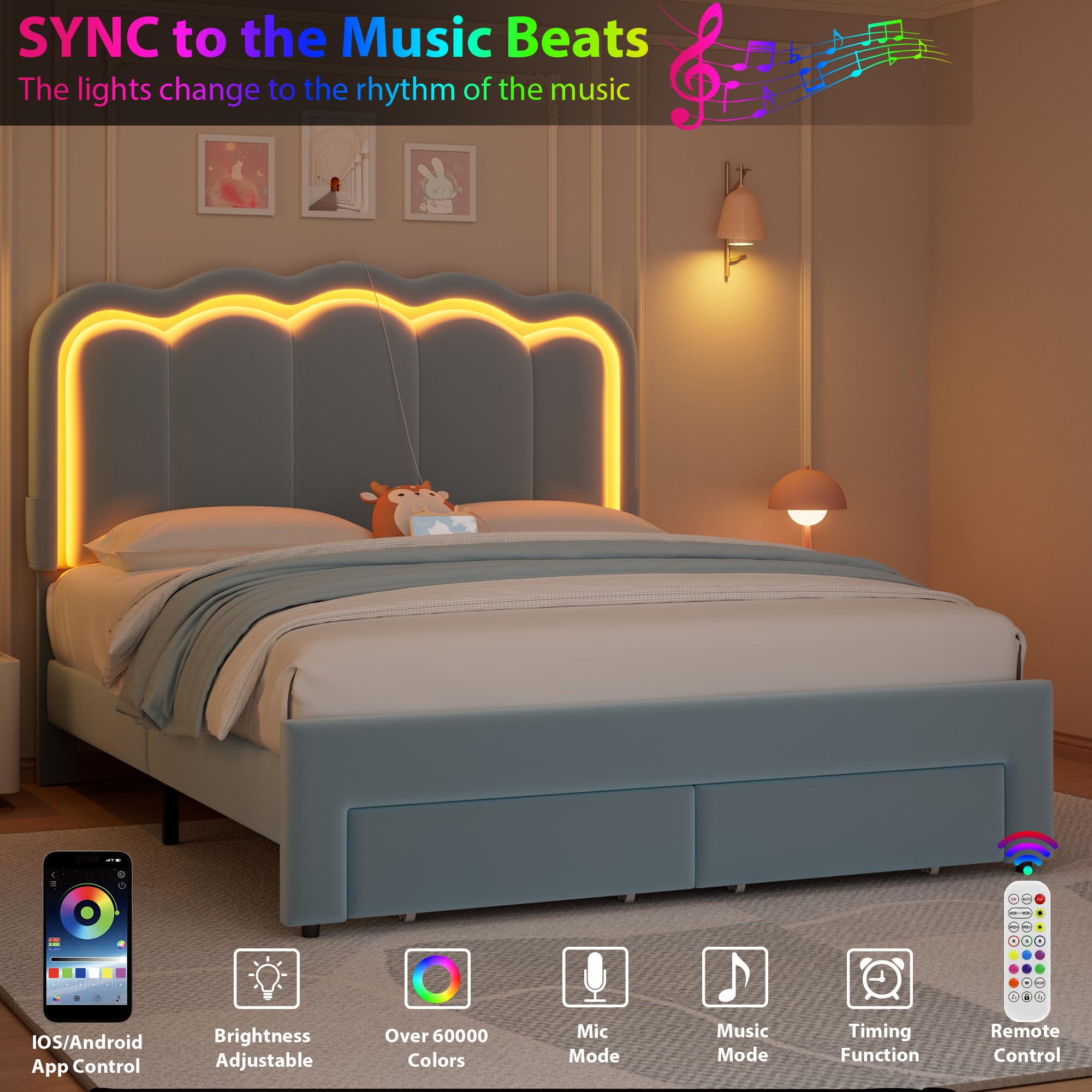 Queen Upholstered LED Bed Frame with 2 Storage Drawers and Adjustable Chic Double Wavy Headboard, Velvet Princess Platform Bed with Charing Station, Solid Wood Slats Support,No Box Spring Needed, Pink: Blue Full