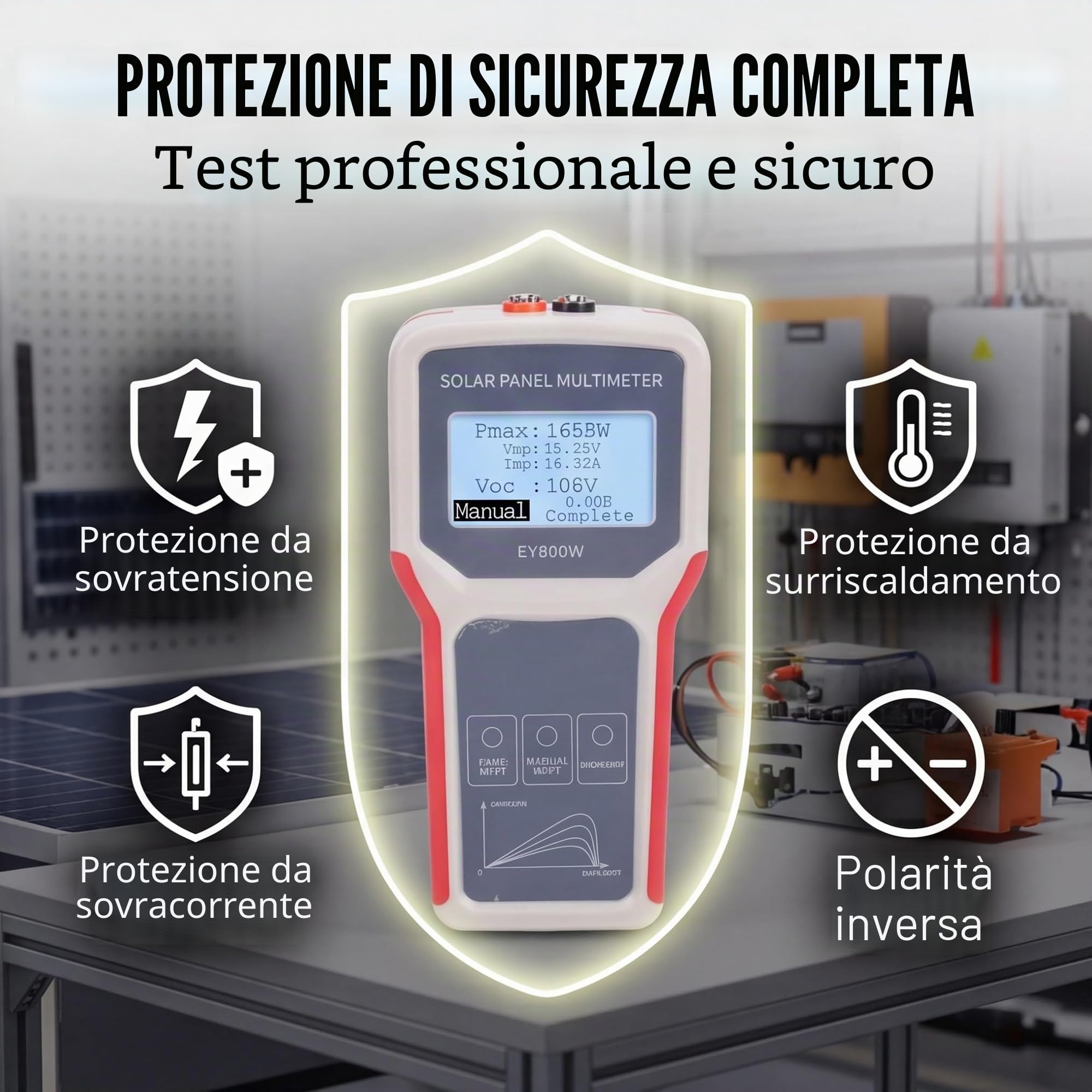 Sxhlseller Tester per Pannelli Solari 5-800 W, 12-60 V 0-35 A MPPT Multimetro Fotovoltaico con Display LCD per la Misurazione Manuale o Automatica della Potenza dei Componenti del Fotovoltaico