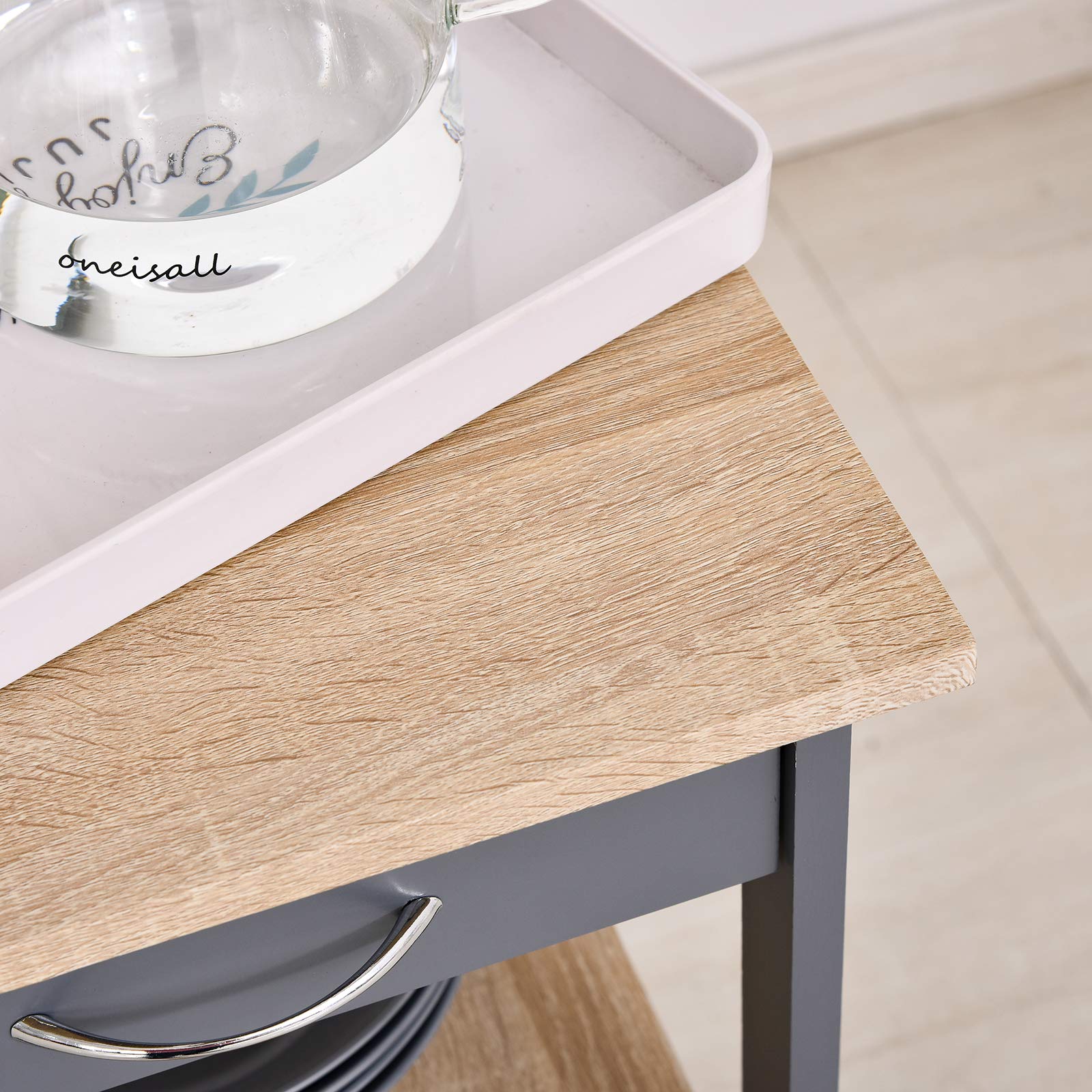 HOMCOM Carrello da Cucina Portavivande con Cassetto, 2 Ripiani e Vassoio Estraibile, Isola da Cucina in Legno 37x37x76cm, Grigio