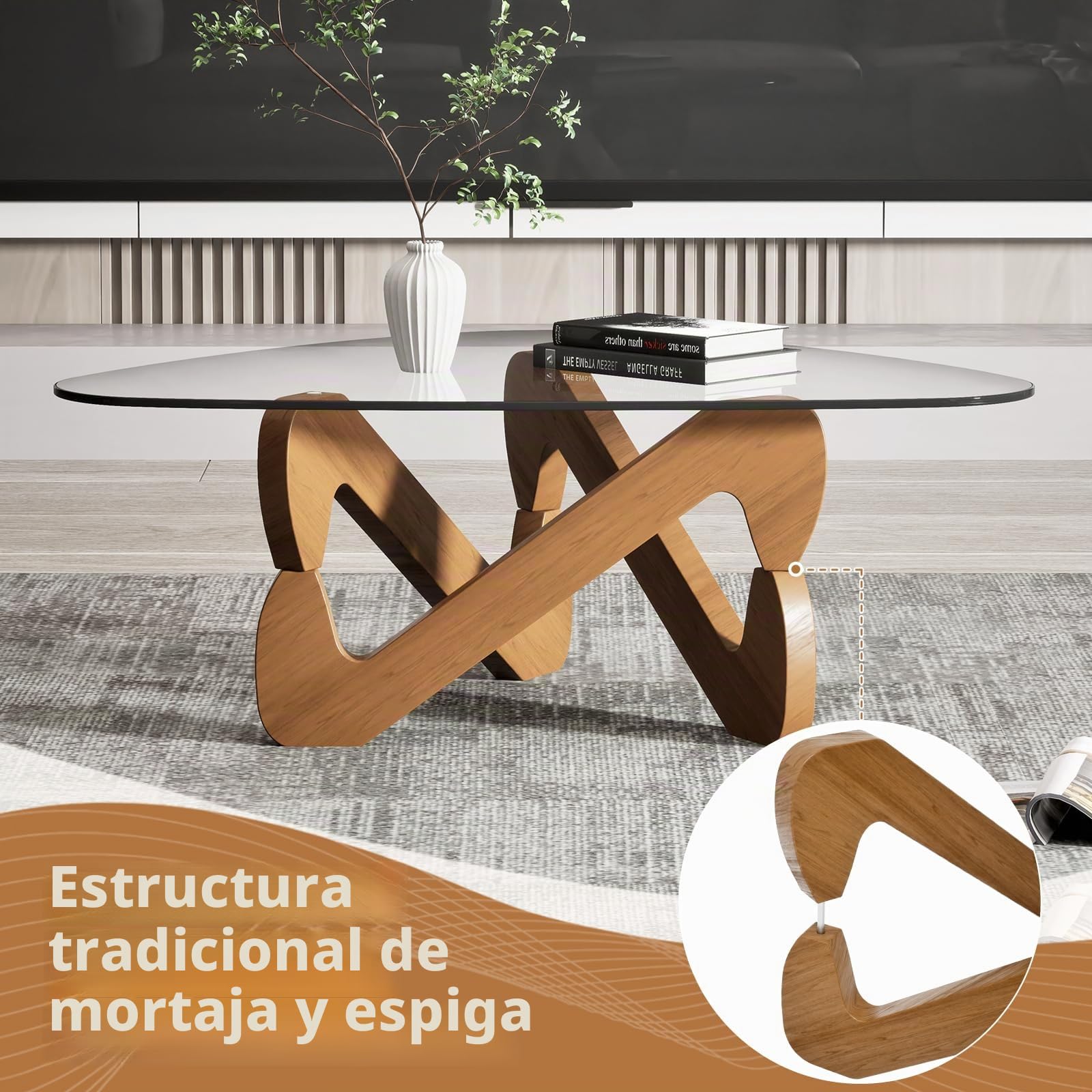 TWSOUL Mesa de Centro Triangular de Vidrio Templado de 82 cm con Base de Madera, Mesa Moderna de salón Elegante para Sala de Estar (Transparente)