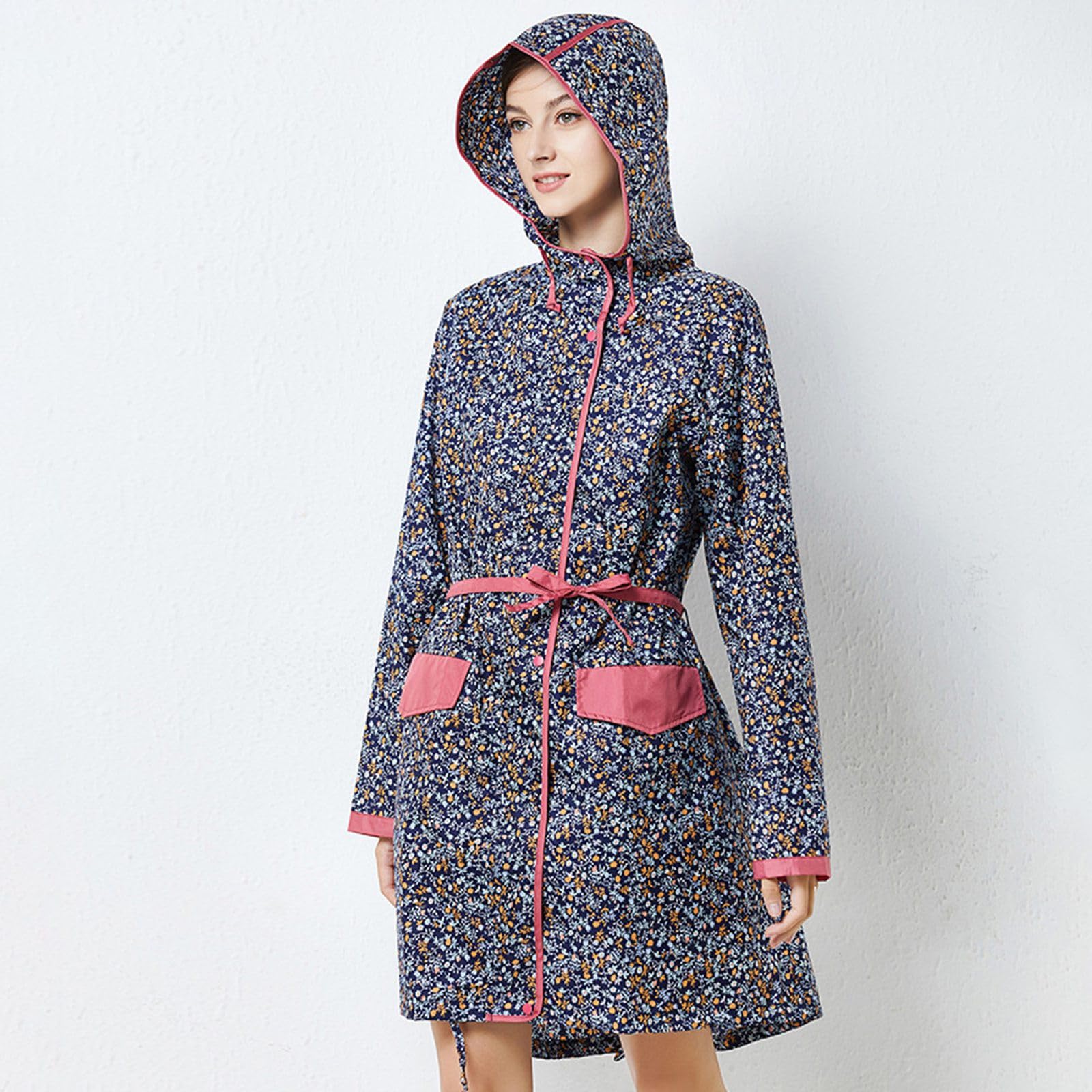 Generico Antipioggia Donna-Giacca Antivento Leggera Lunga Con Cappuccio Con Cintura In Vita E Stampa Floreale Elegante Da Donna Per Attività All'Aperto