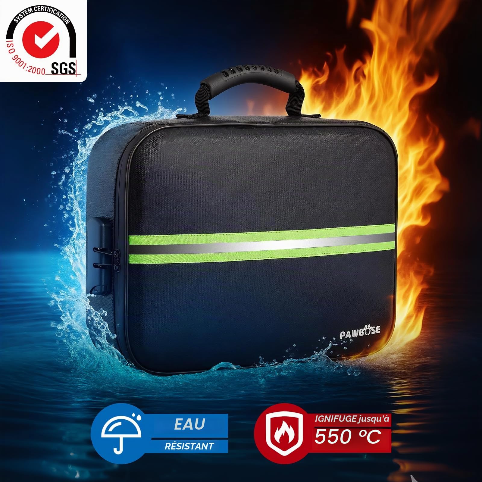 PAWBOSE Porte-Documents Ignifuge 1022 ℉, 38 x 28 x 11 cm Organiseur de fichiers avec Serrure, boîte isolée thermiquement et étanche pour Documents, Organisateur de Documents avec
